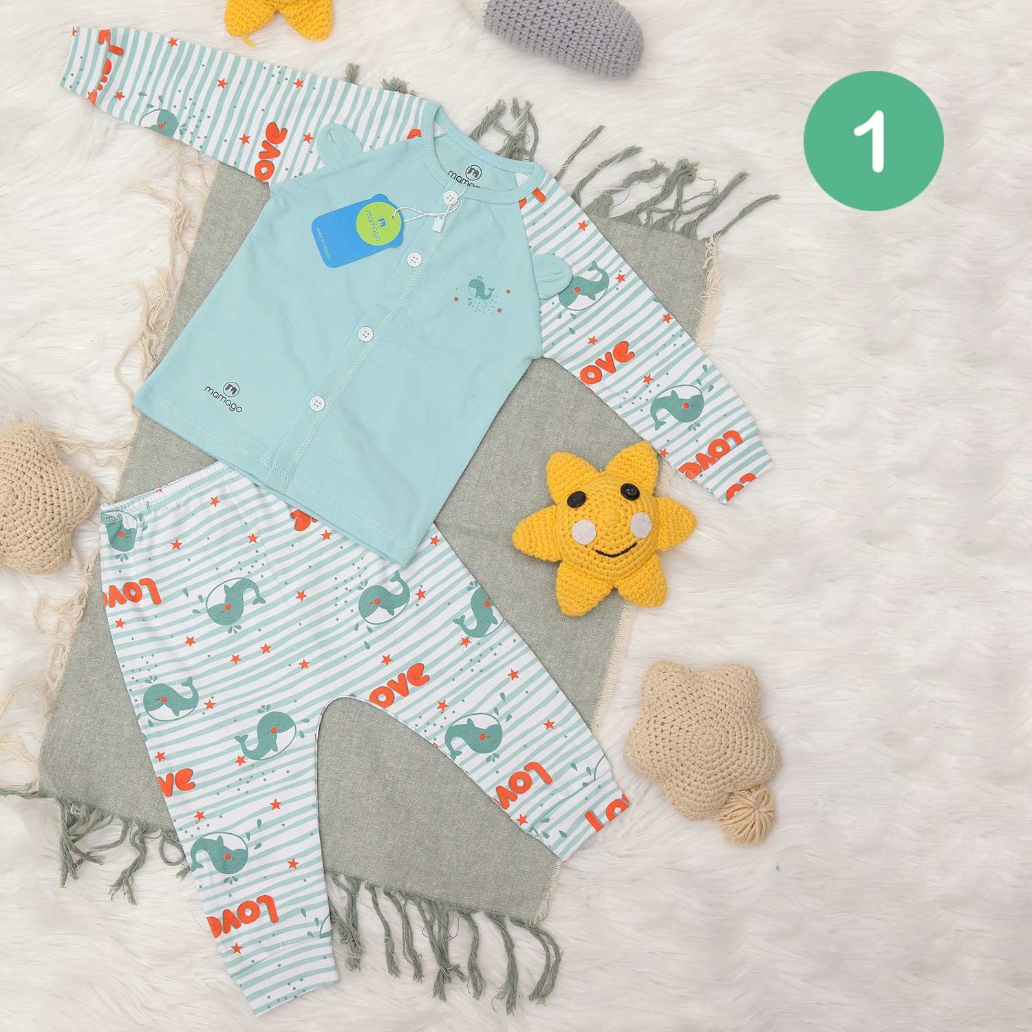 Quần áo sơ sinh cài giữa in chú cá heo Mamago (Xanh nhạt) 1-18M hình 2