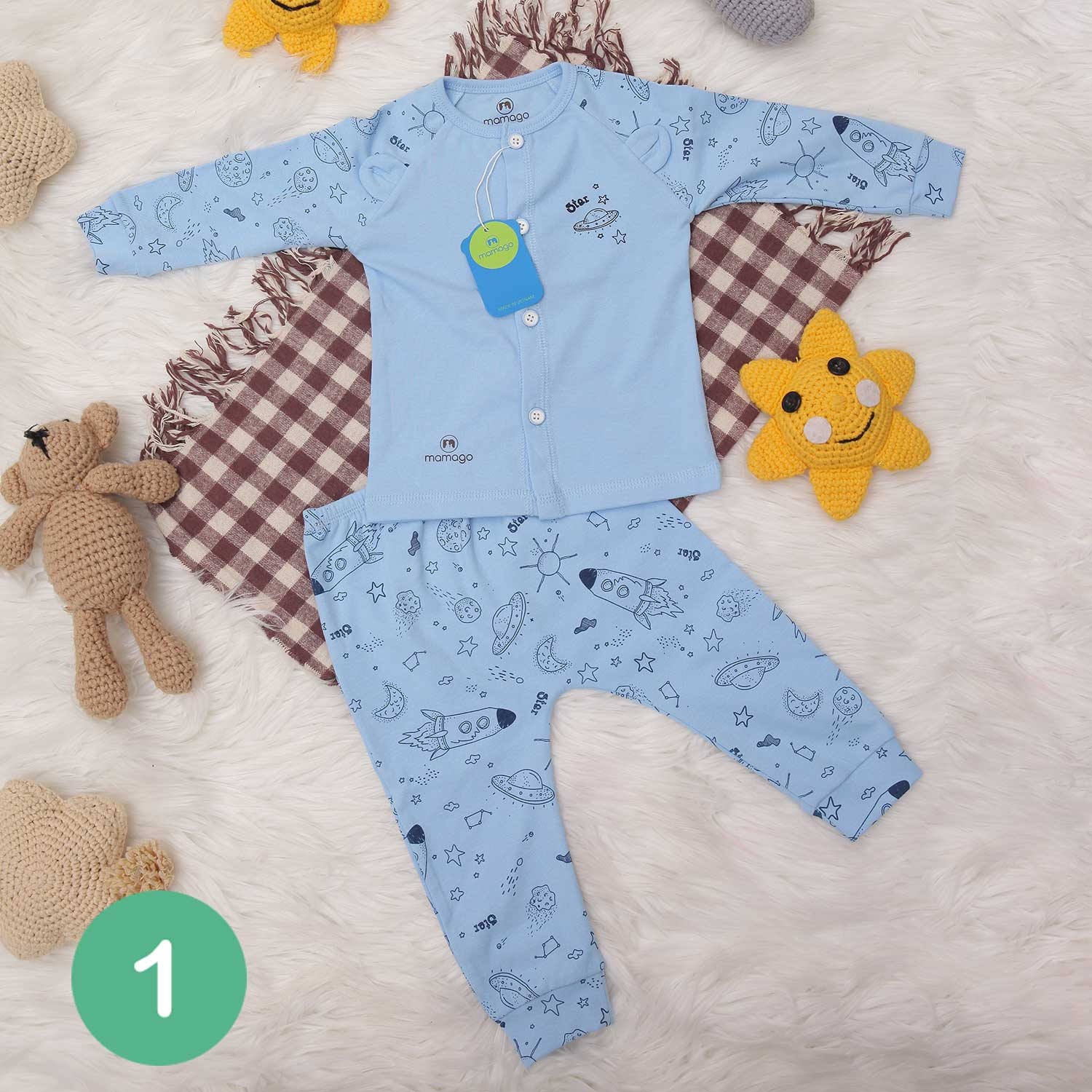 Quần áo sơ sinh cài giữa in hình vũ trụ Mamago (Xanh) 1-18M hình 1