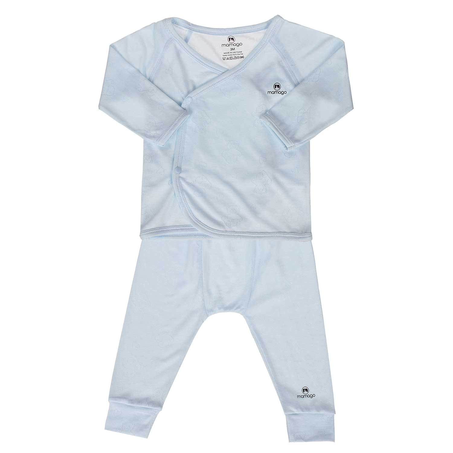 Quần áo sơ sinh sợi tre cài chéo Mamago in gấu xanh hình 1