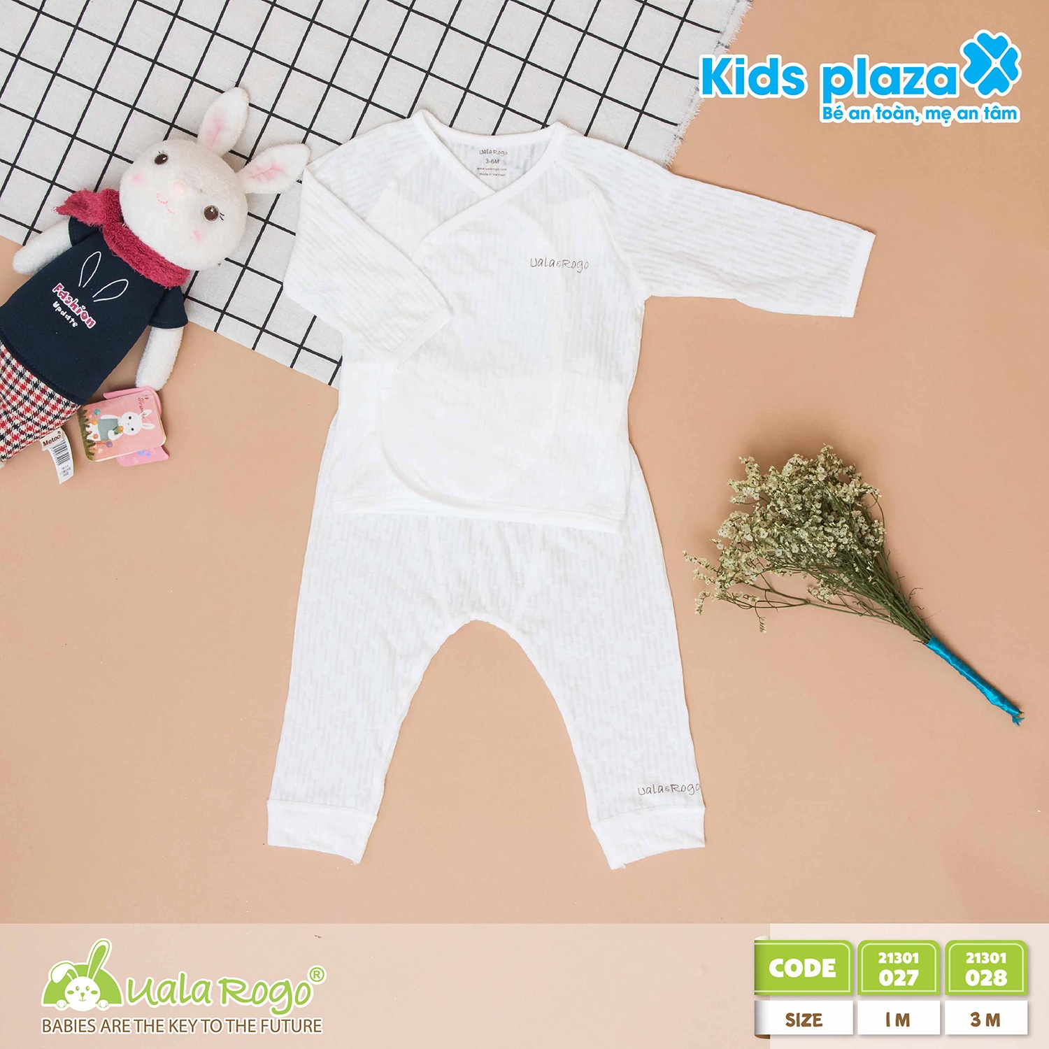 Quần áo trẻ sơ sinh Uala & Rogo cài chéo kẻ dọc nét đứt (Trắng) hình 1