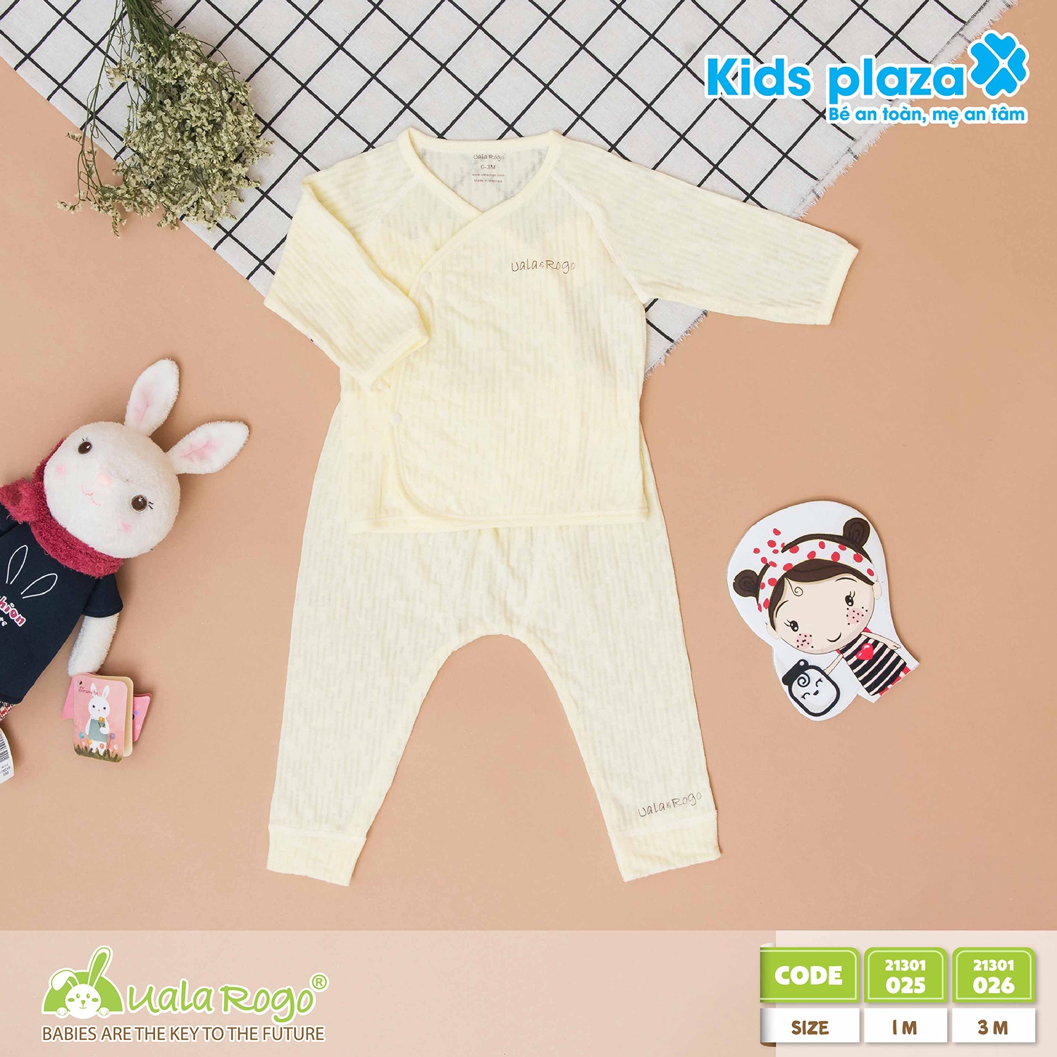 Bộ quần áo sơ sinh Uala & Rogo cài chéo kẻ dọc nét đứt (Vàng) hình 1