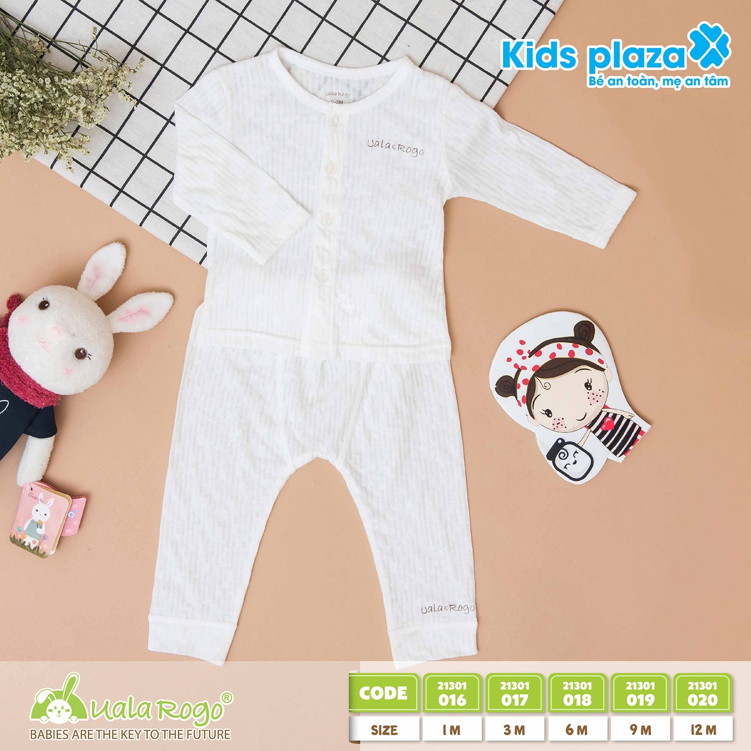 Quần áo sơ sinh Uala & Rogo cài giữa kẻ dọc nét đứt (Trắng) hình 1