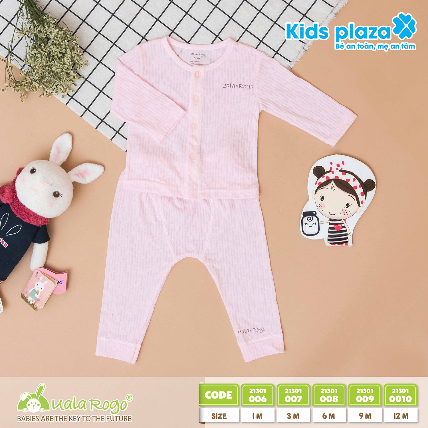 Quần áo sơ sinh Uala & Rogo cài giữa kẻ dọc nét đứt (Hồng) hình 1