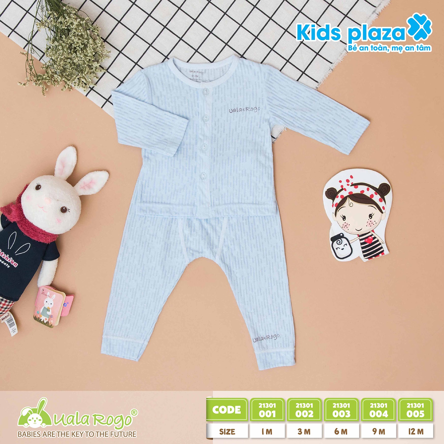 Quần áo sơ sinh Uala & Rogo cài giữa kẻ dọc nét đứt (Xanh) hình 1