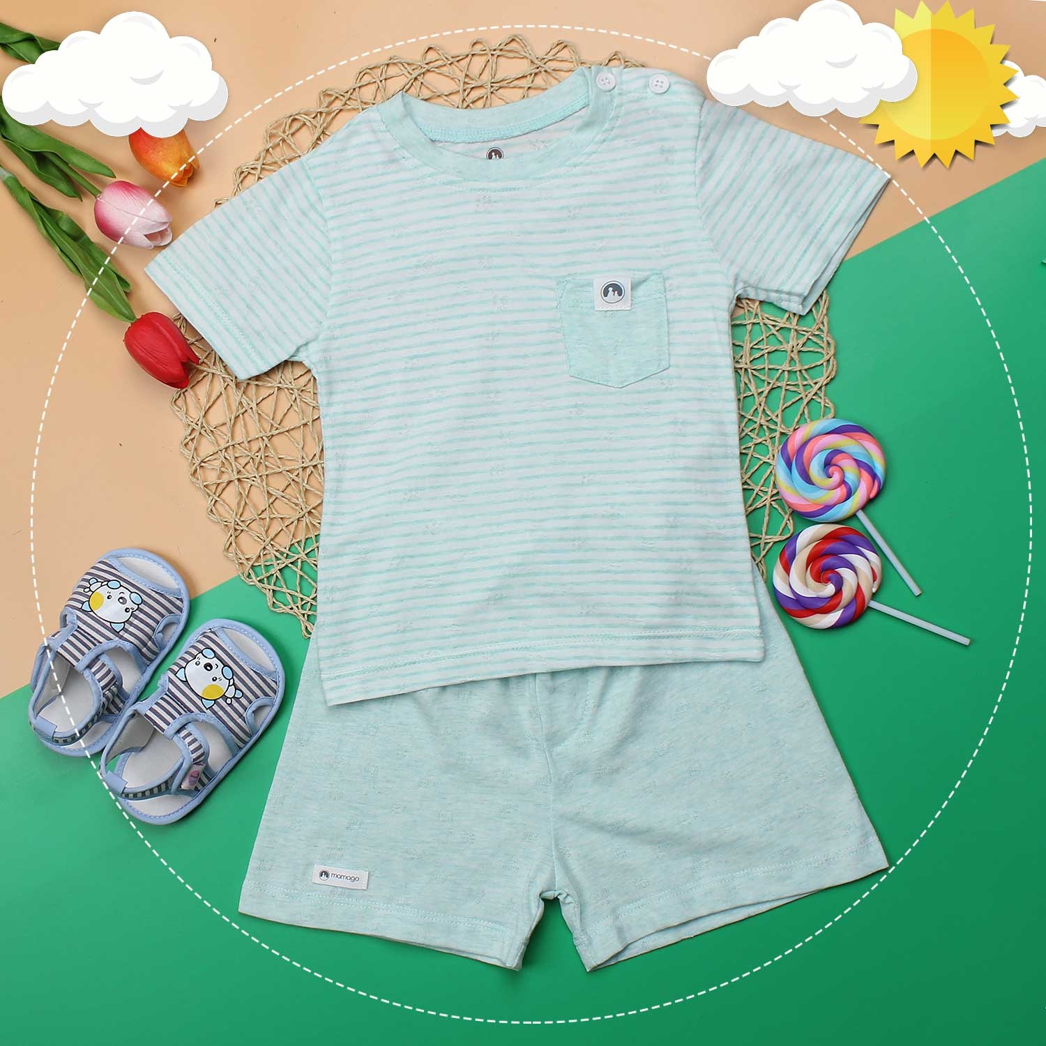 Quần áo sơ sinh cộc tay cài vai Mamago vân cá heo (kẻ xanh ngọc) hình 1