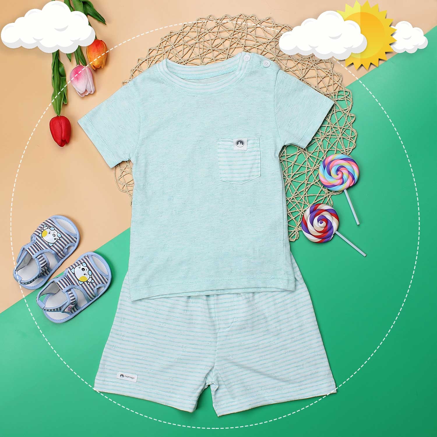 Quần áo sơ sinh cộc tay cài vai Mamago vân cá heo (kẻ xanh ngọc) hình 2