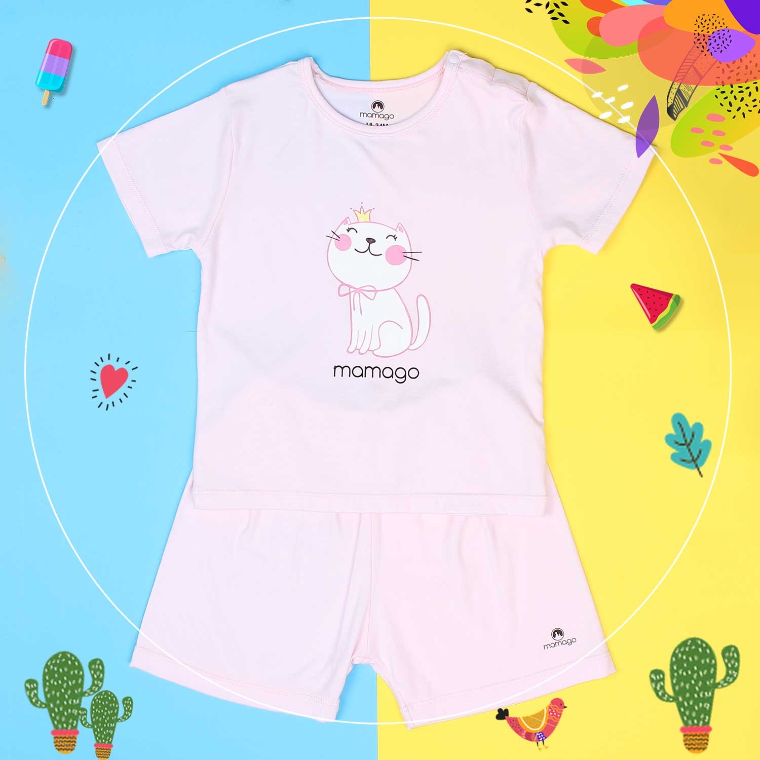 Quần áo sơ sinh cộc tay Otis cài vai Mamago (Hồng) hình 1