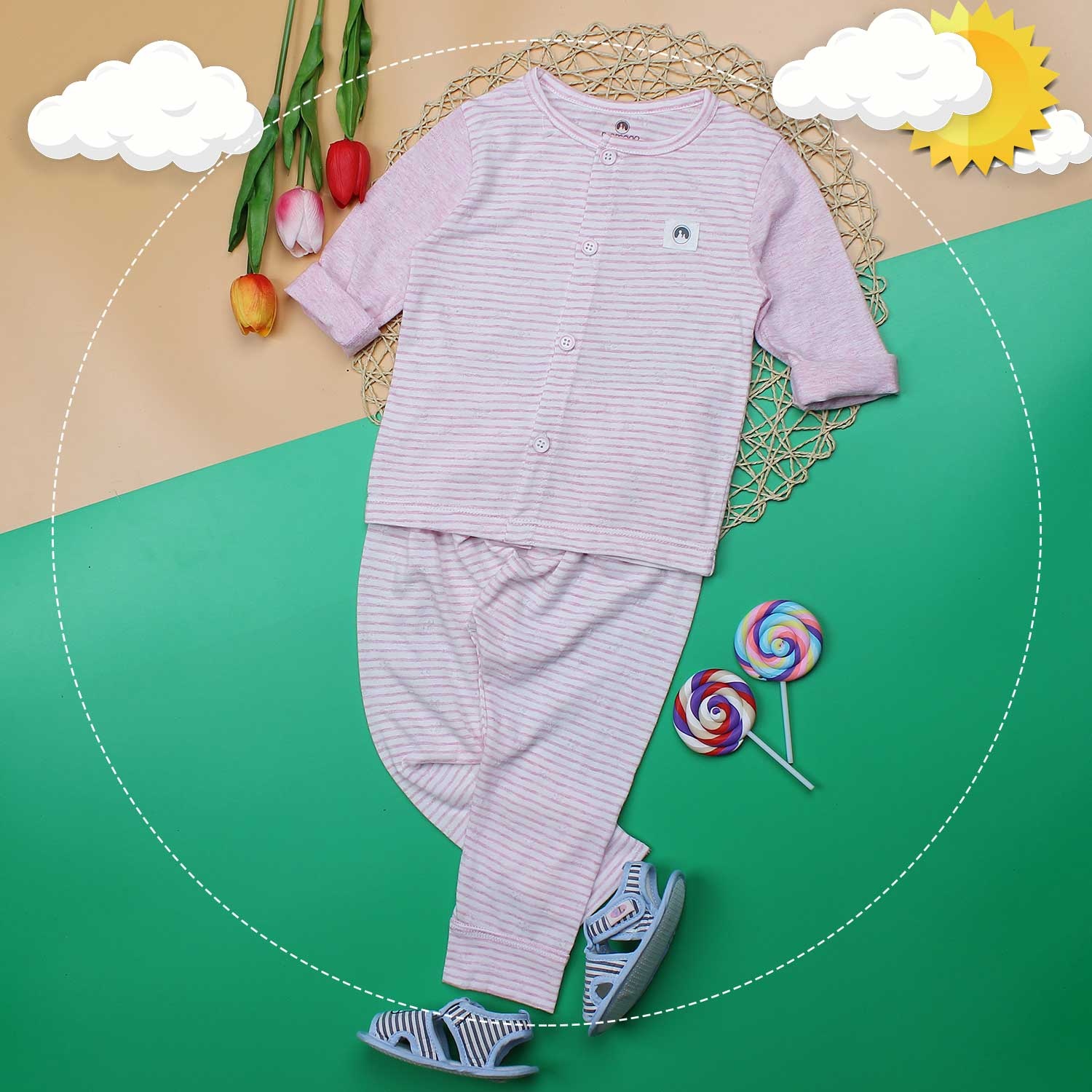 Quần áo sơ sinh dài tay cài giữa Mamago vân cá heo (kẻ hồng) hình 1