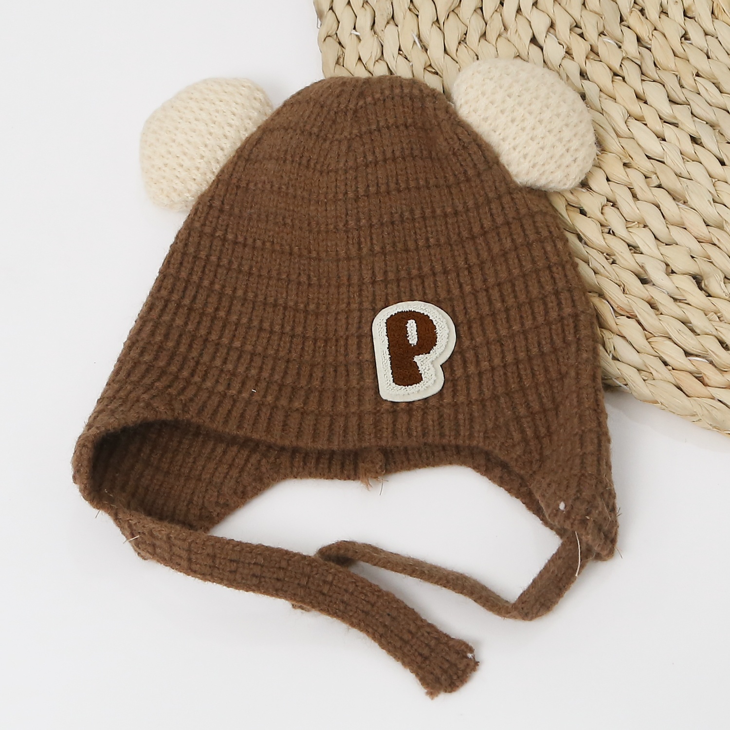 Mũ len hai cục bông dày chữ P cho bé 24K-B04 (Nâu Đậm) hình 1