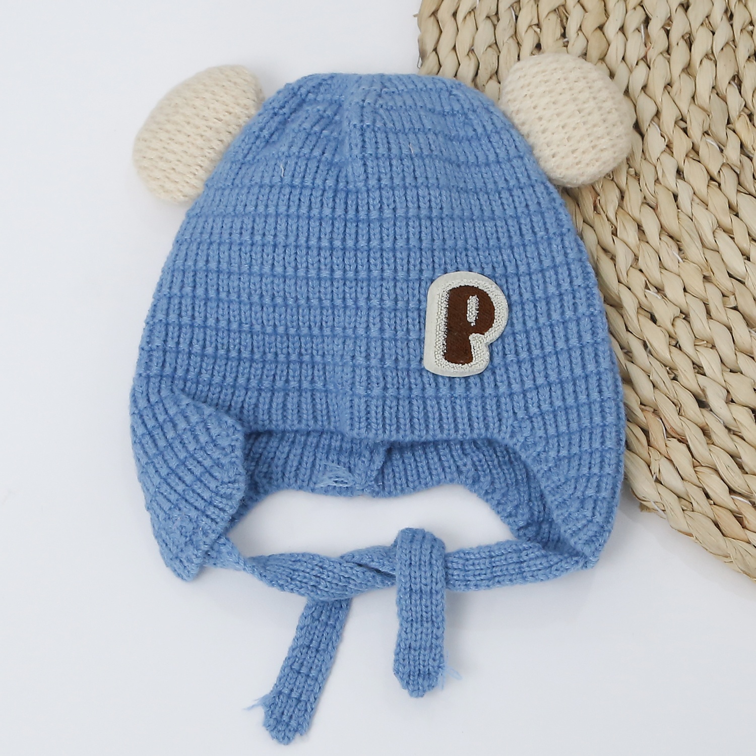 Mũ len hai cục bông dày chữ P cho bé 24K-B04  (Xanh) hình 1