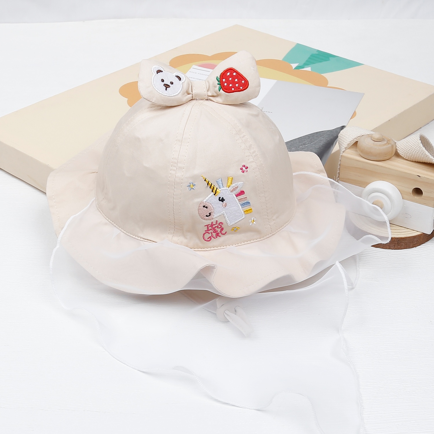 Mũ vành phủ voan KidsPlaza thêu hình ngựa DN23 (Be)