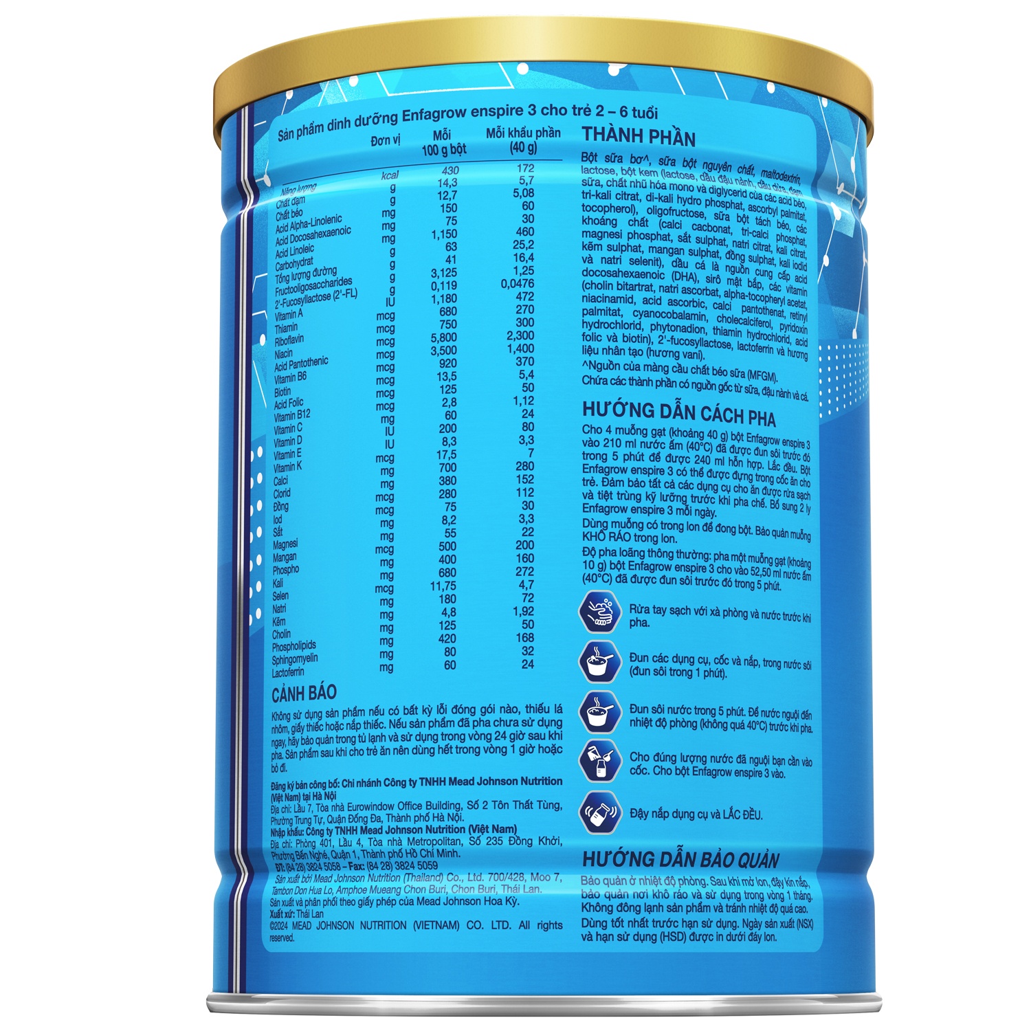 Bảng thành phần sữa Enfagrow Enspire số 3 850g