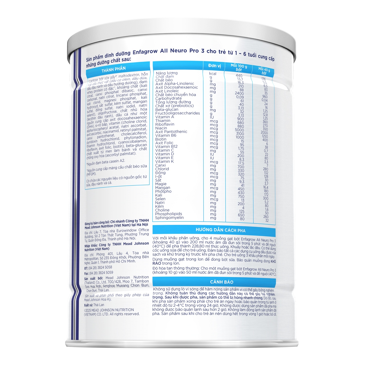 Thành phần của sữa Enfagrow A2 Neuropro 3 350g