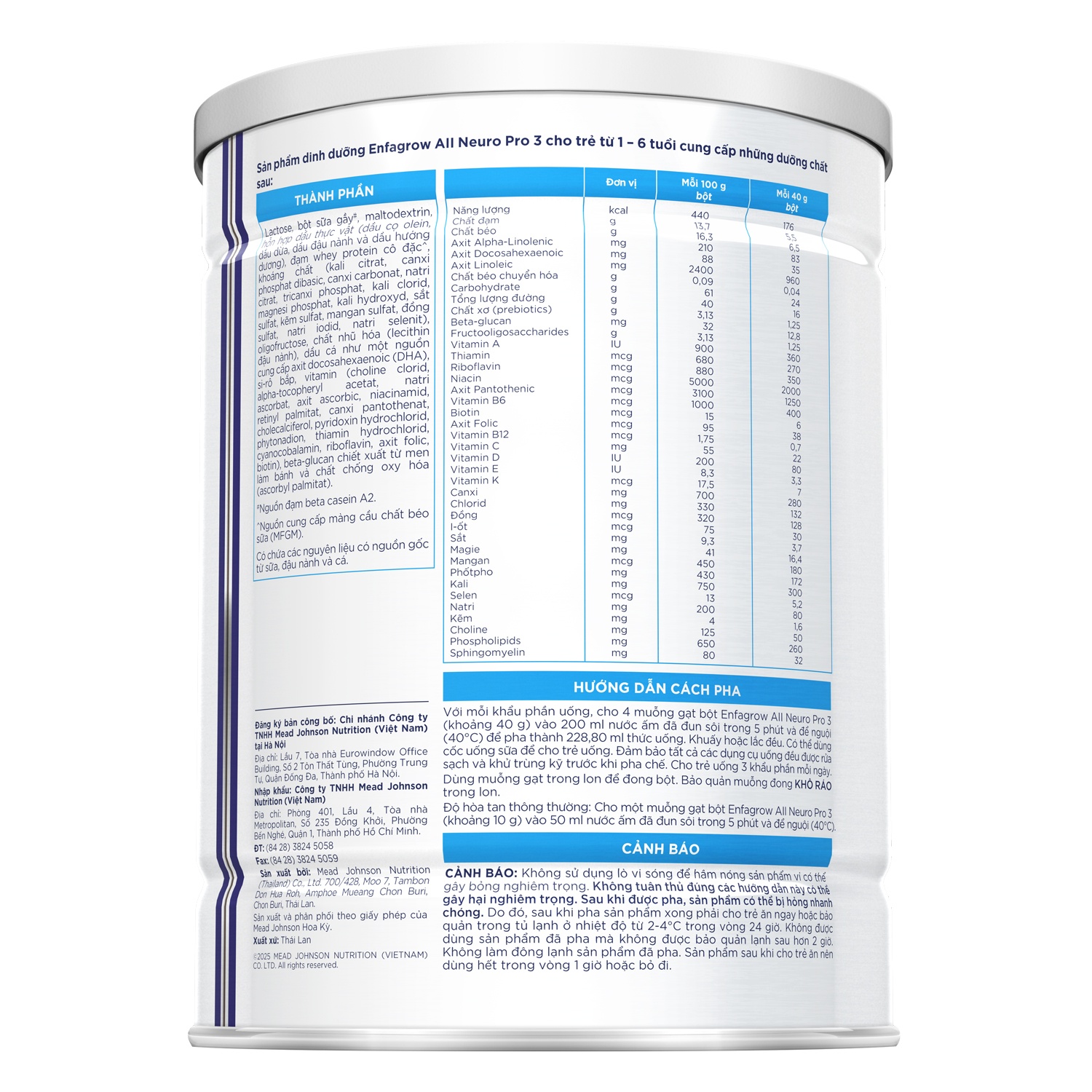 Thành phần của sữa Enfagrow A2 Neuropro 3 800g