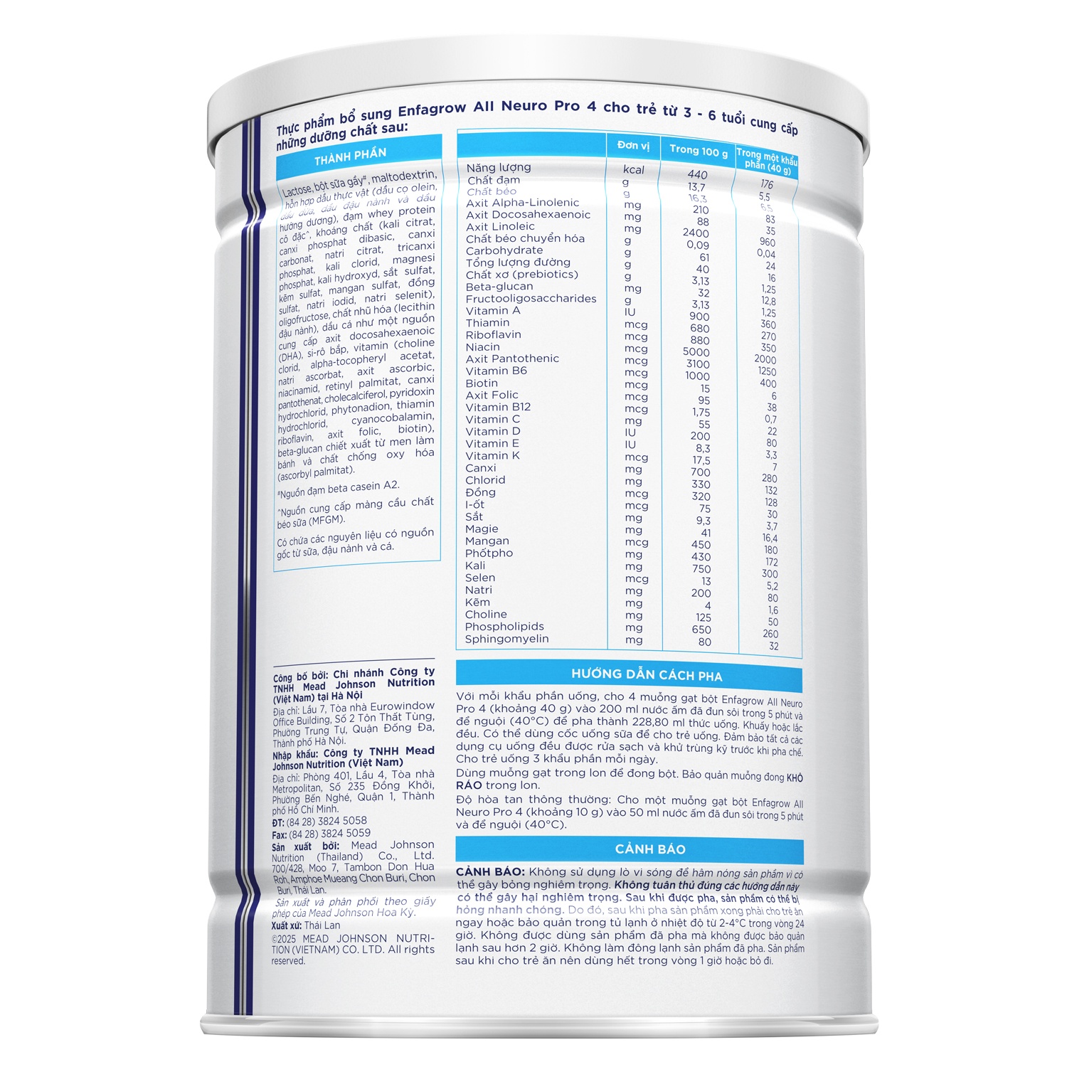 Thành phần Sữa Enfagrow A2 Neuropro 4 1.7kg cho trẻ từ 3-6 tuổi