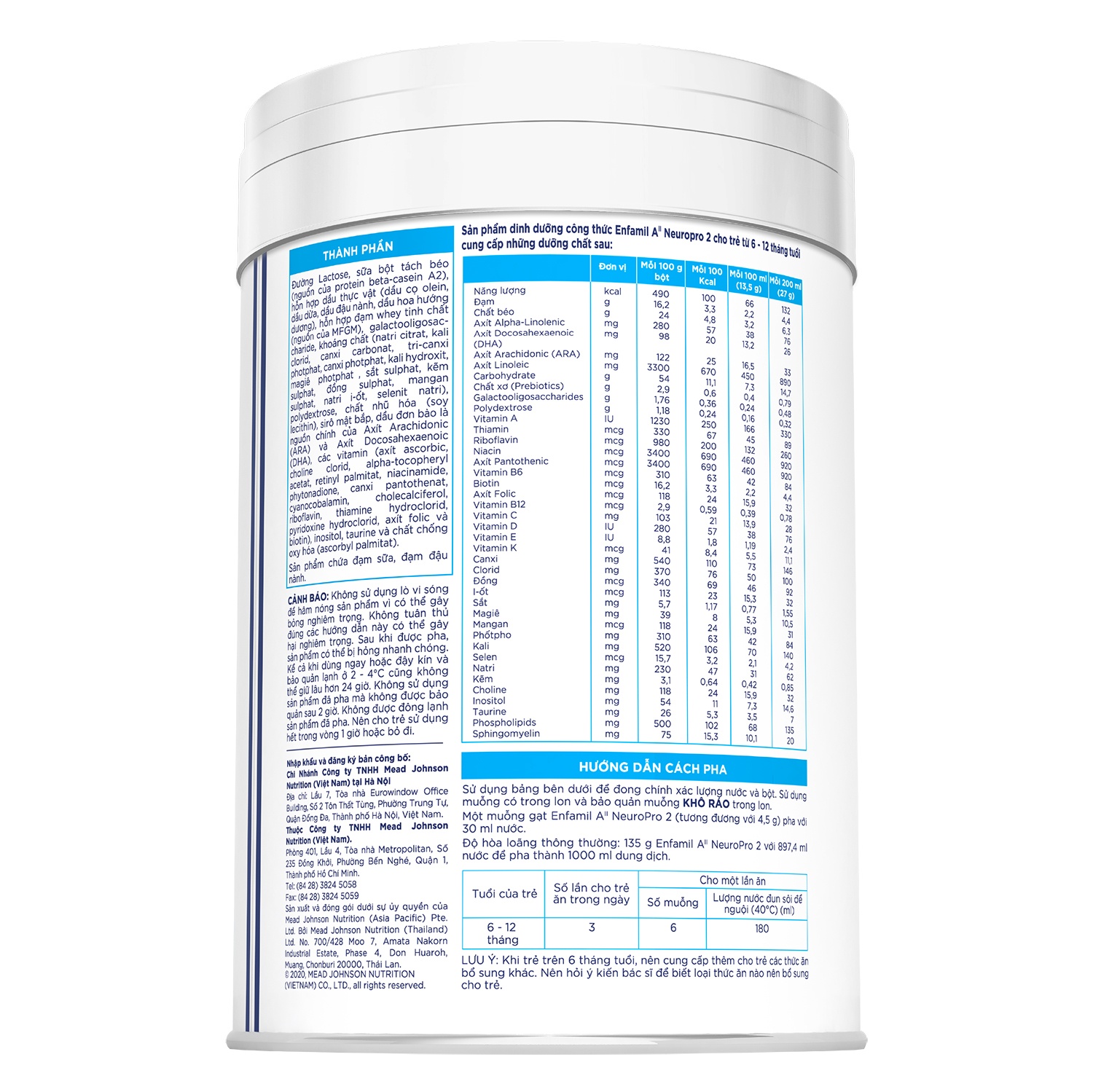 Thành phần sữa Enfamil A2 số 2 hộp 800g cho bé 6-12 tháng