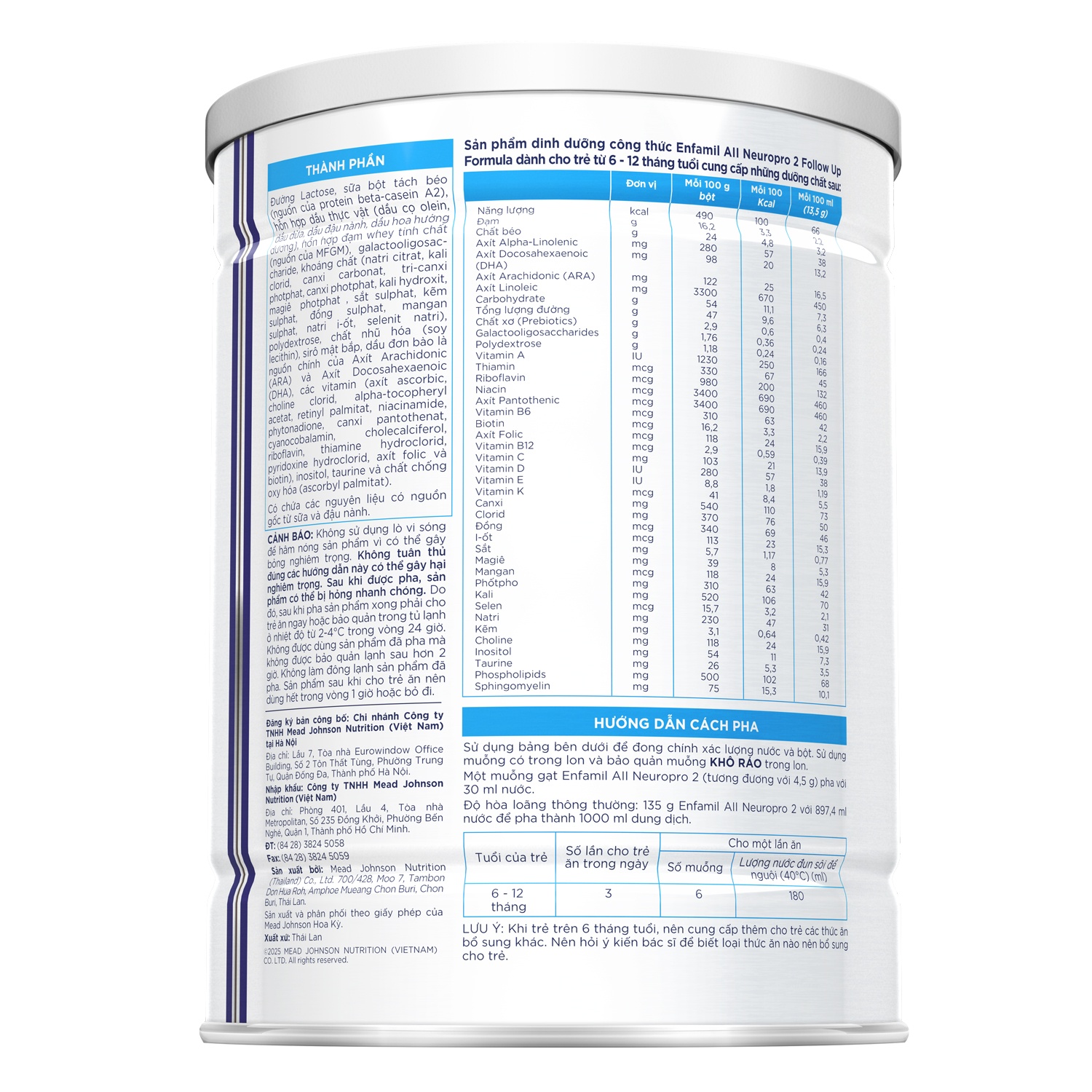 Thành phần sữa Enfamil A2 số 2 hộp 800g cho bé 6-12 tháng