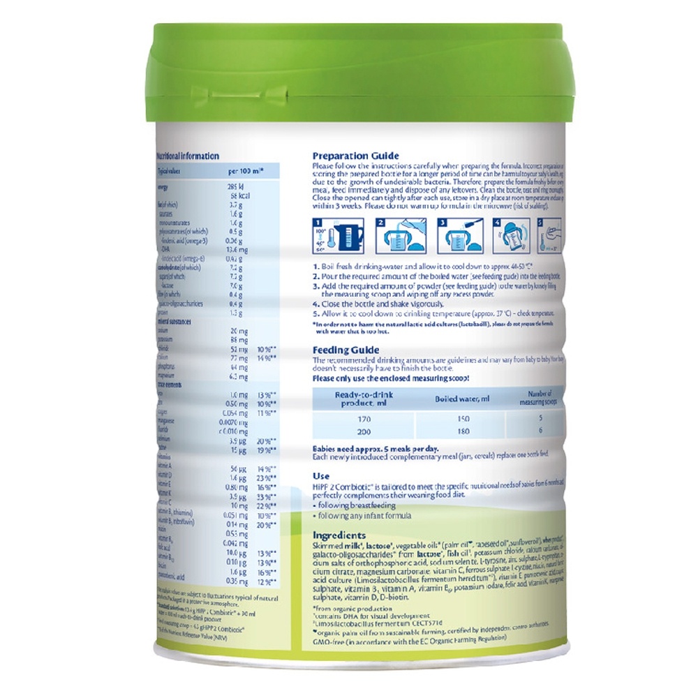 Sữa bột HiPP Organic số 2 800g cho bé từ 6-12 tháng tuổi