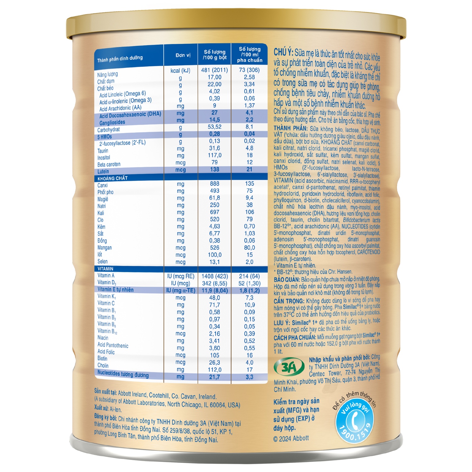 thành phần dinh dưỡng sữa bột Similac Prodi-G & 5HMO số 3 900g (cho bé 1-2 tuổi)