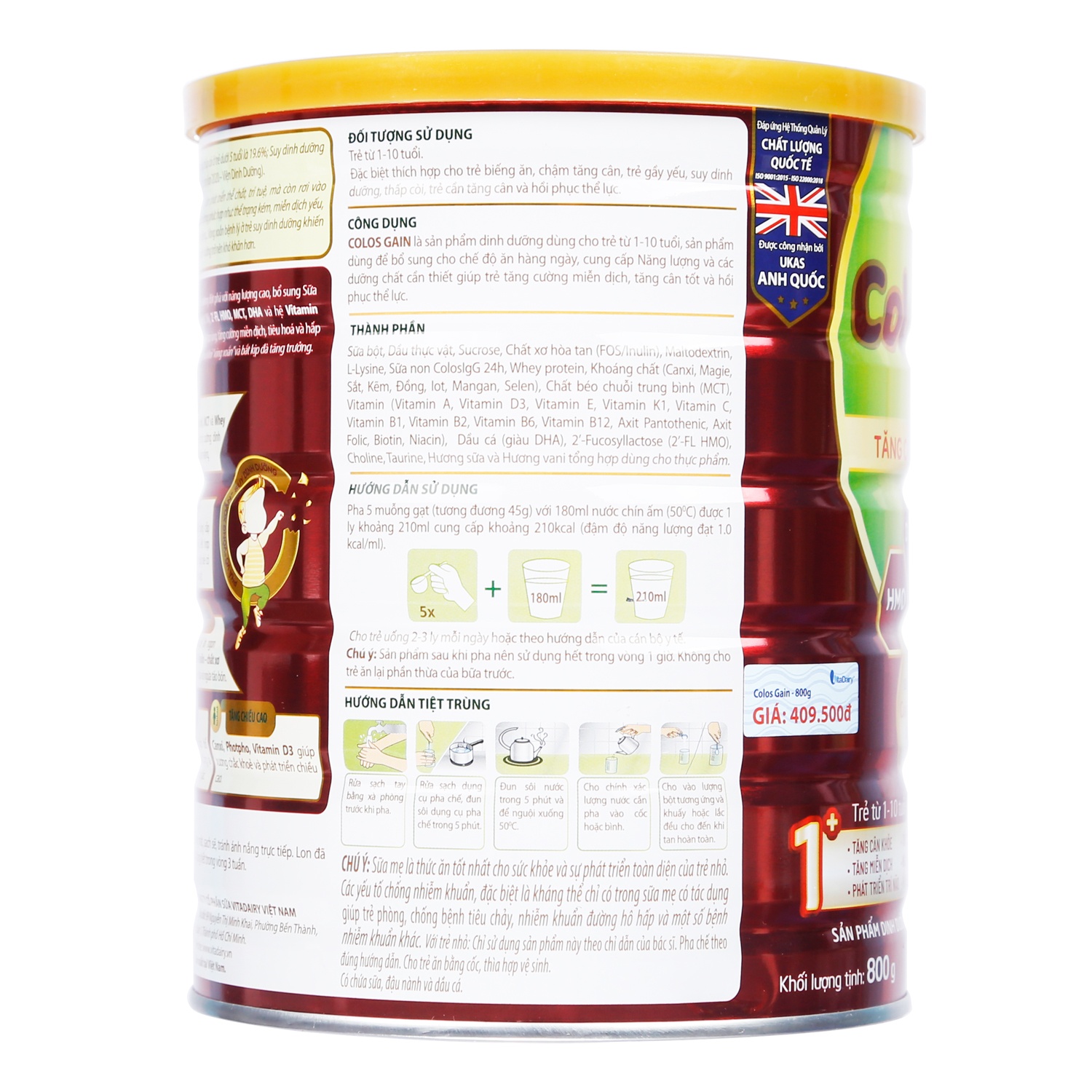 Sữa bột Colos Gain Vitadairy 1+ 800g cho bé từ 1 đến 10 tuổi hình 3