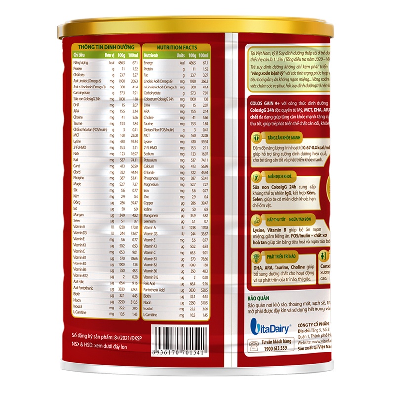 Thành phần sản phẩm sữa Colos Gain 0+ 800g cho bé từ 0-12 tuổi