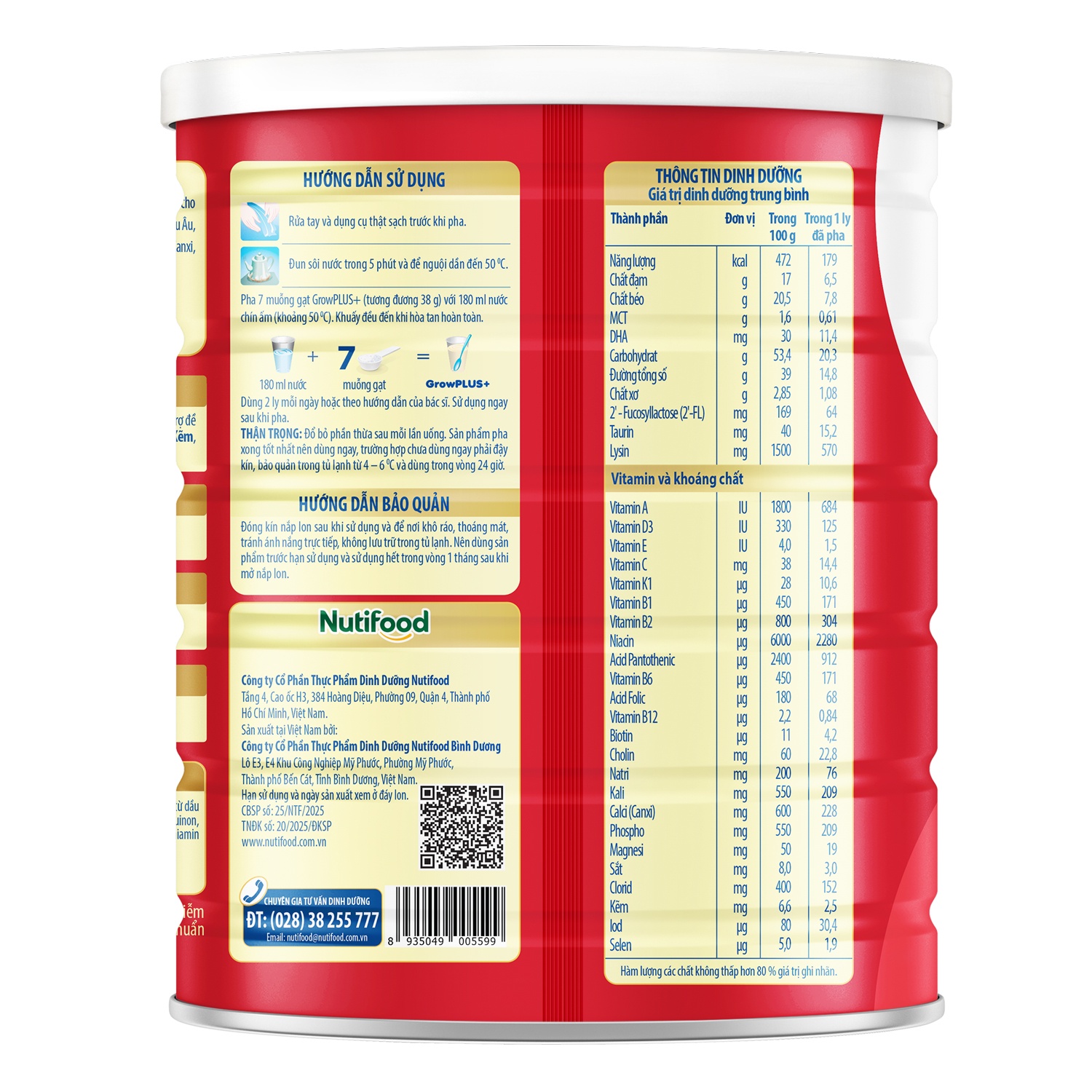 Thành phần dinh dưỡng sữa Grow Plus đỏ 1.5kg