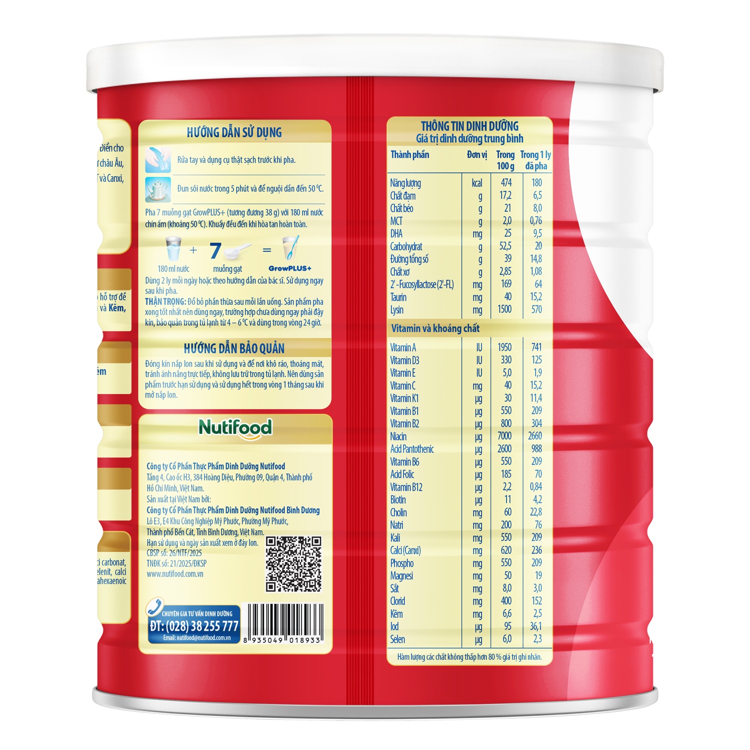 Thành phần của sữa bột Nutifood Grow Plus đỏ 2+
