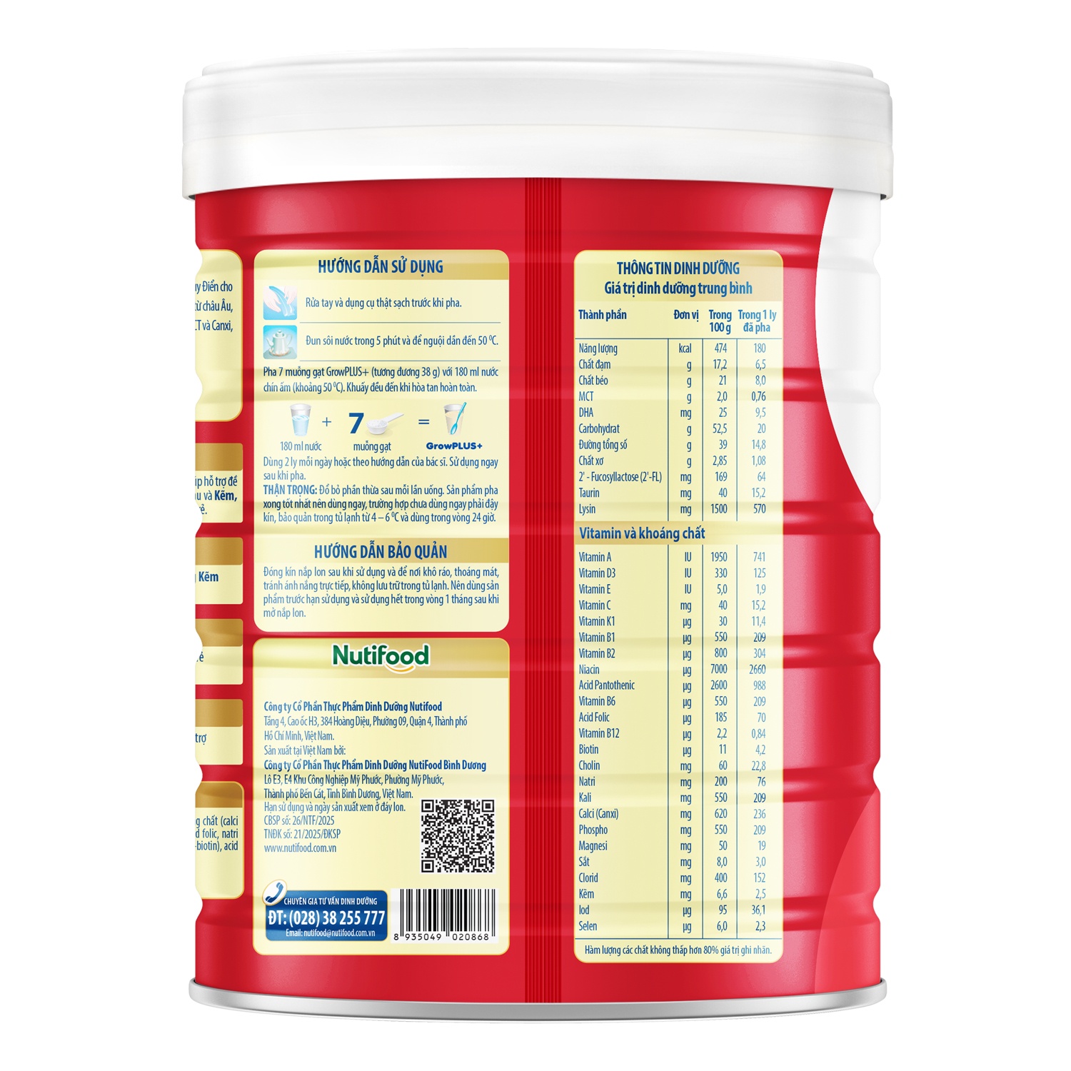 Thành phần chính của sữa bột Nutifood Grow Plus đỏ 2+ 900g