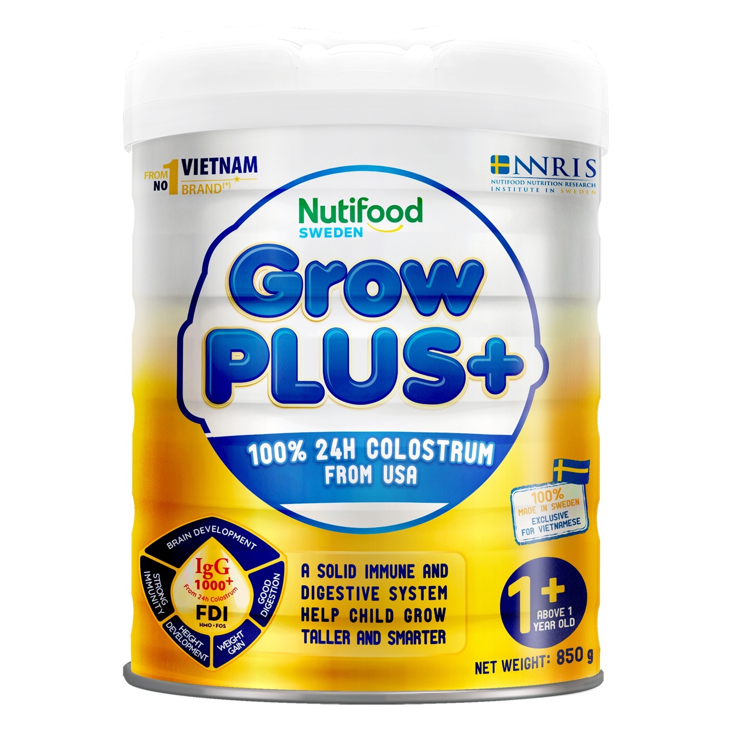 Sữa Nutifood GrowPLUS+ Vàng (Sữa non) cho bé trên 1 tuổi 850g hình 1