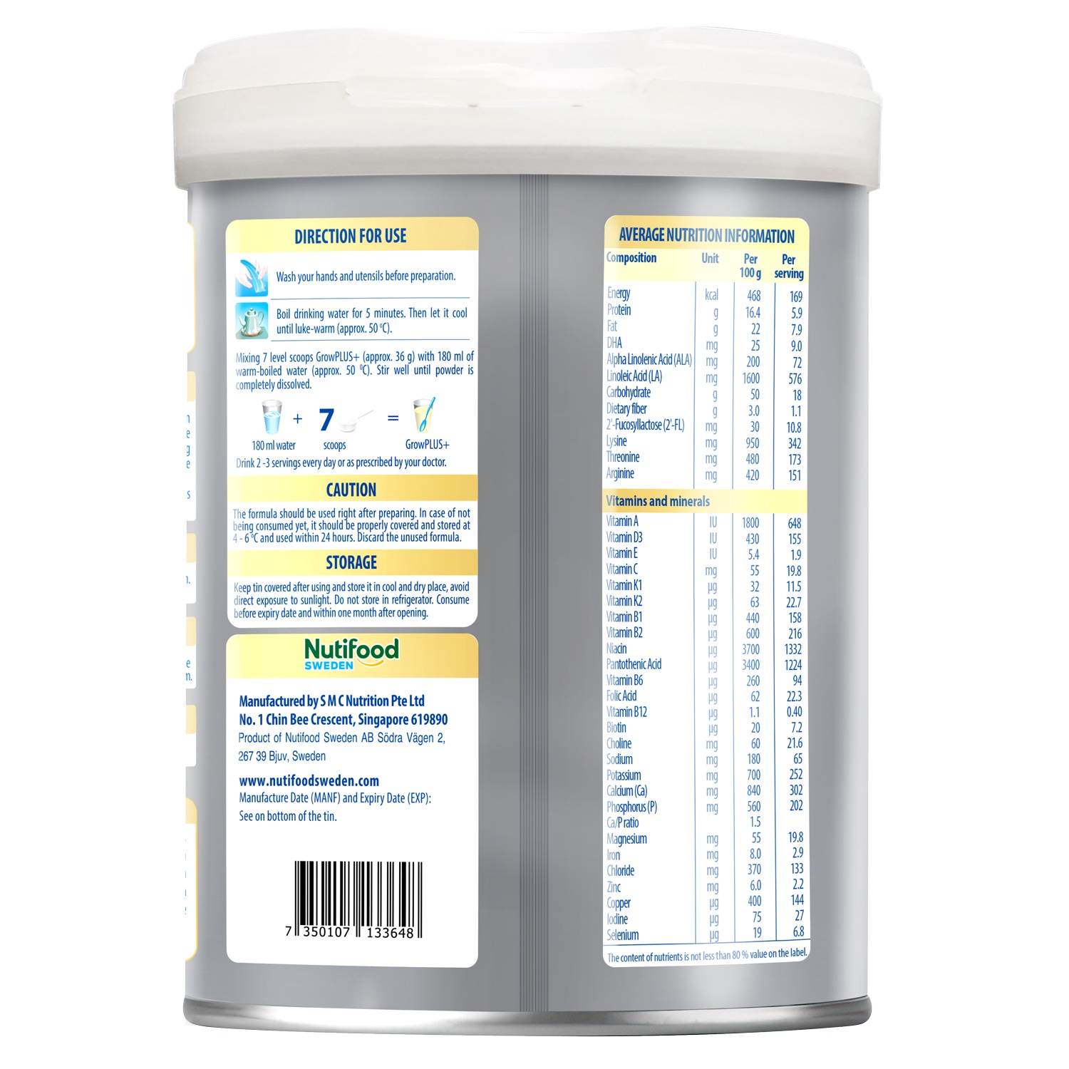 Thành phần của sữa bột Nutifood GrowPlus+ Height Boosting 2+ 800g cho bé 2Y+