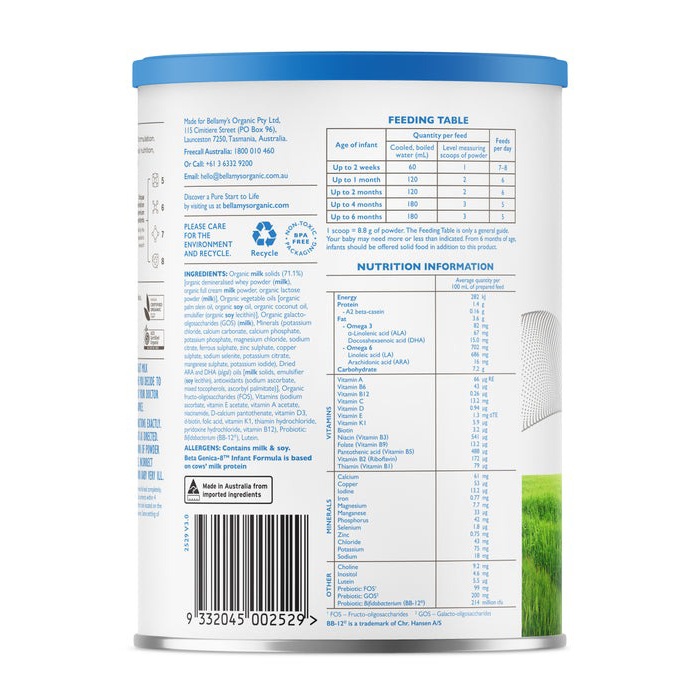 Thành phần dinh dưỡng sữa Bellamy's Organic A2 số 1