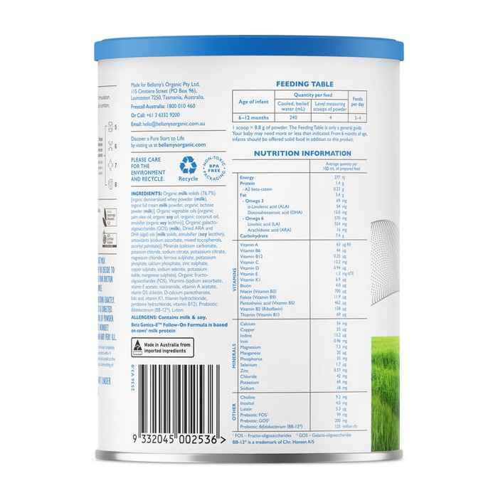 Thành phần dinh dưỡng sữa Bellamy's Organic A2 số 2