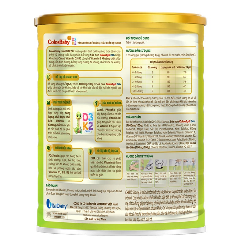 Công dụng của sữa bột Colosbaby Gold D3K2 0+ 800g