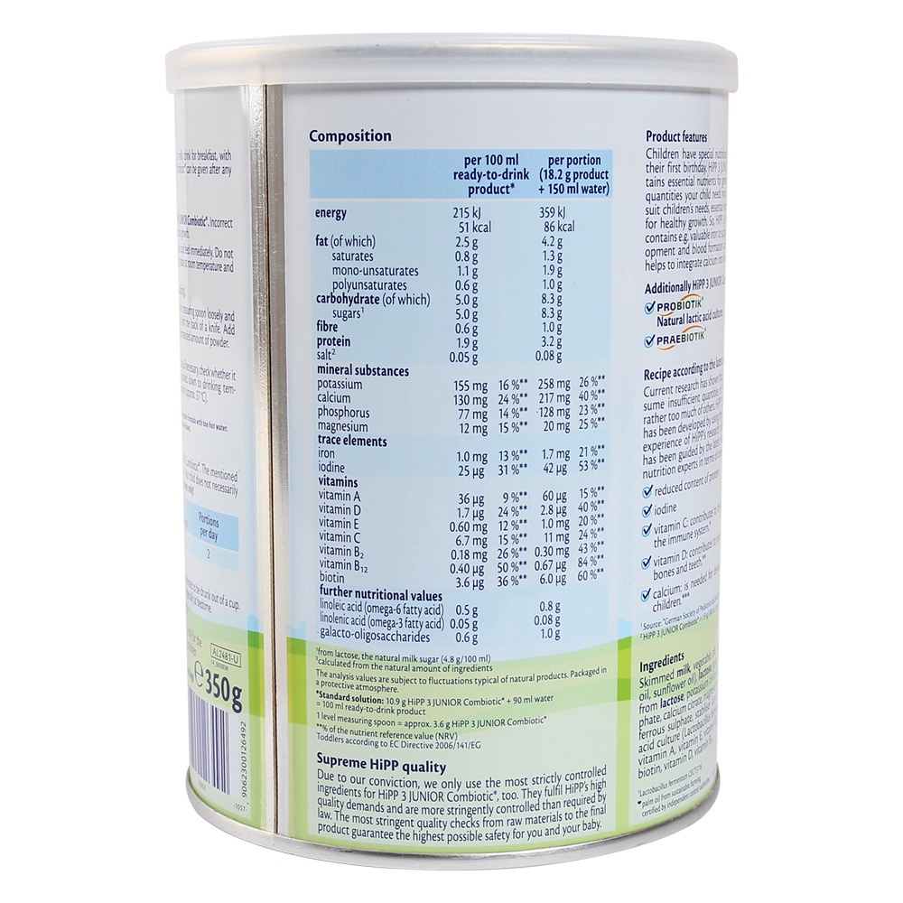 Thành phần sữa bột HiPP số 3 350g Combiotic Sữa Hipp số 3 Junior Combiotic 350g (>1 tuổi) hình 1