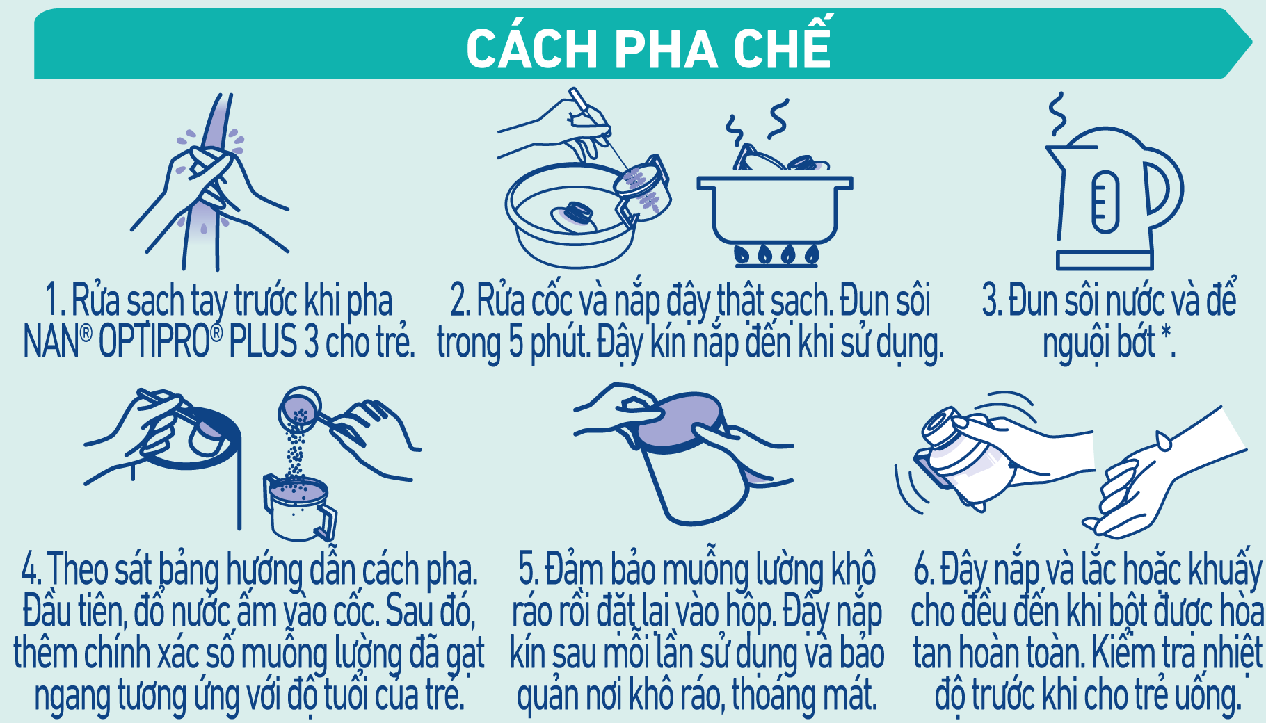 Cách pha chế sữa Nan Optipro Plus 5HMO số 3 850g cho bé 1-2 tuổi