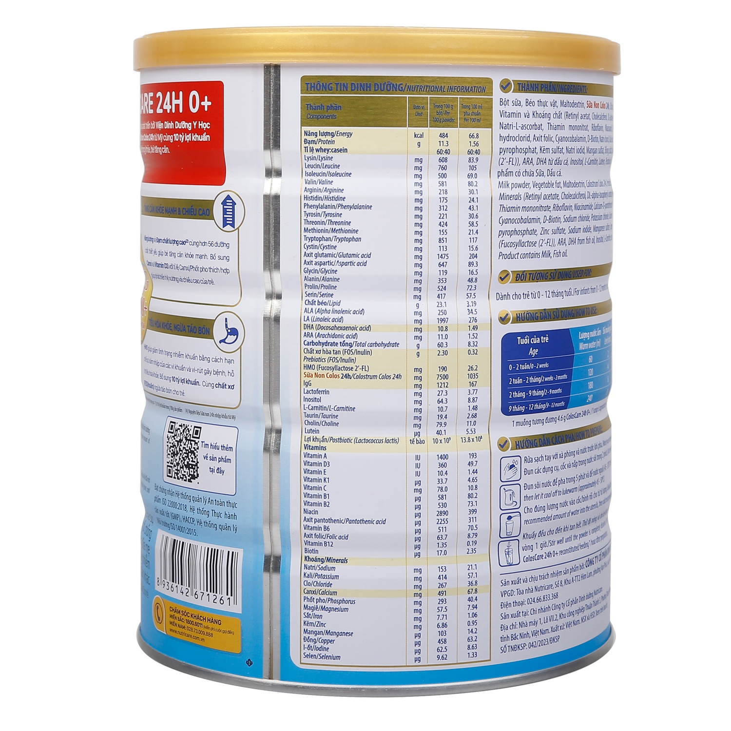 Thành phần dinh dưỡng sữa bột ColosCare 24h 0+ 800g