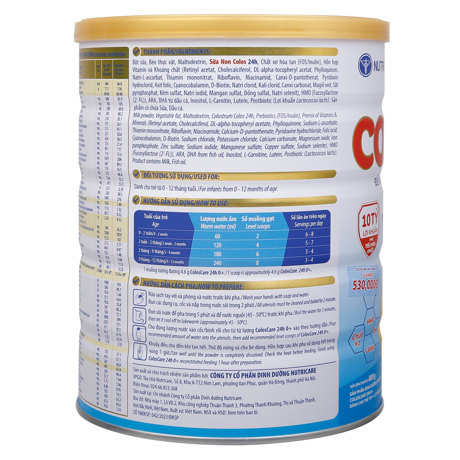 Thành phần sữa ColosCare 24h 0+ 800g dành cho bé từ 0-12 tháng tuổi