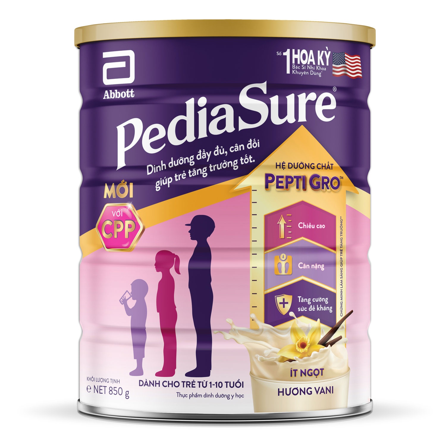 Sữa PediaSure BA 850g hương vani ít ngọt cho bé 1-10 tuổi (Bao bì mới)