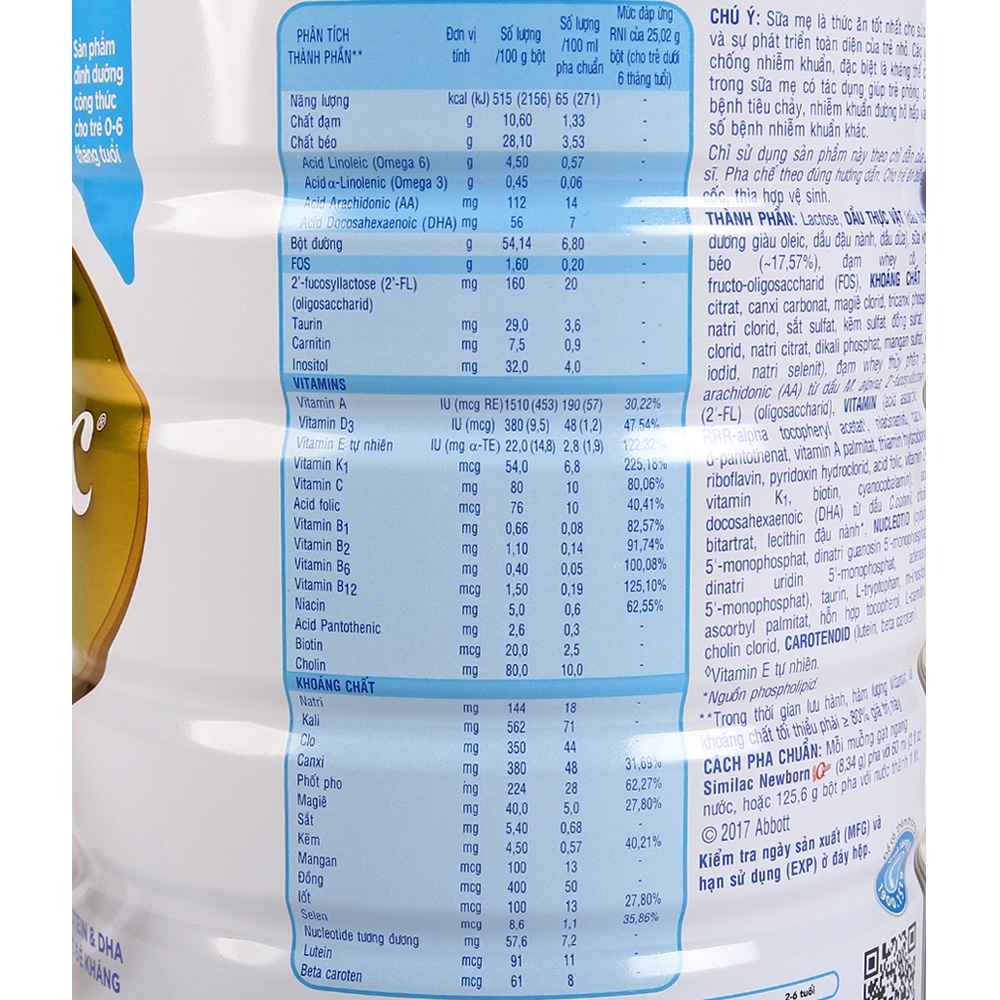 Thành phần sữa Similac Newborn 1 Sữa Similac số 1 Newborn HMO 900g (0 - 6 tháng) hình 2