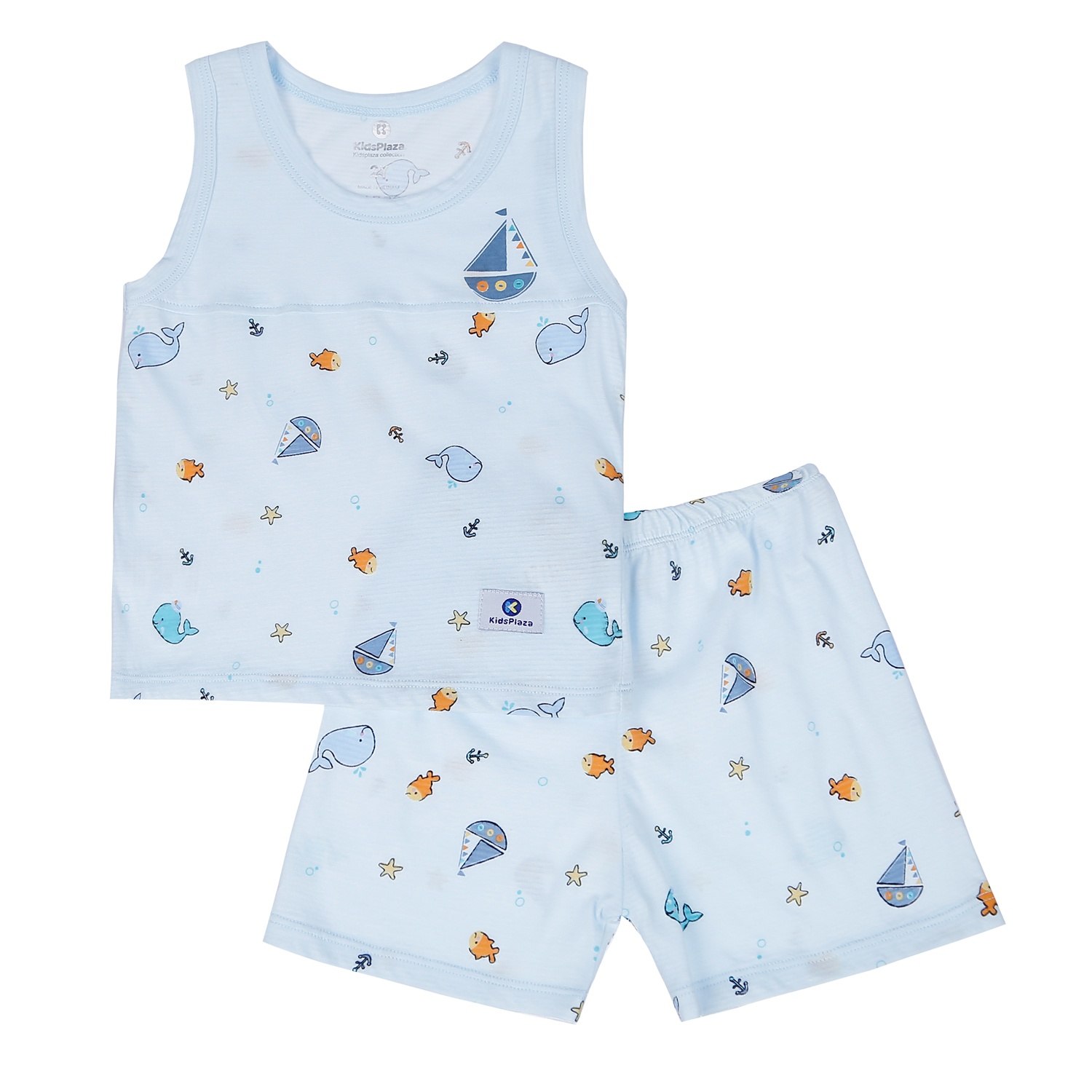 Bộ quần áo ba lỗ bé trai Kidsplaza kẻ phối in hình cá M21H (Xanh Dương) hình 1