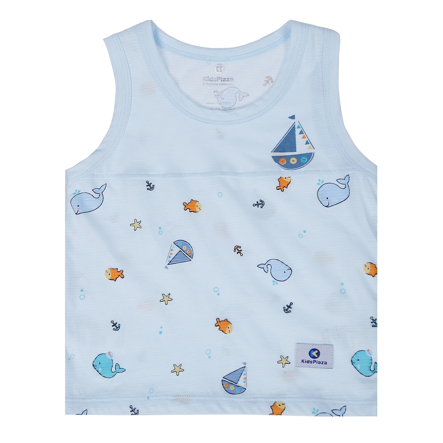 Bộ quần áo ba lỗ bé trai Kidsplaza kẻ phối in hình cá M21H (Xanh Dương) hình 2