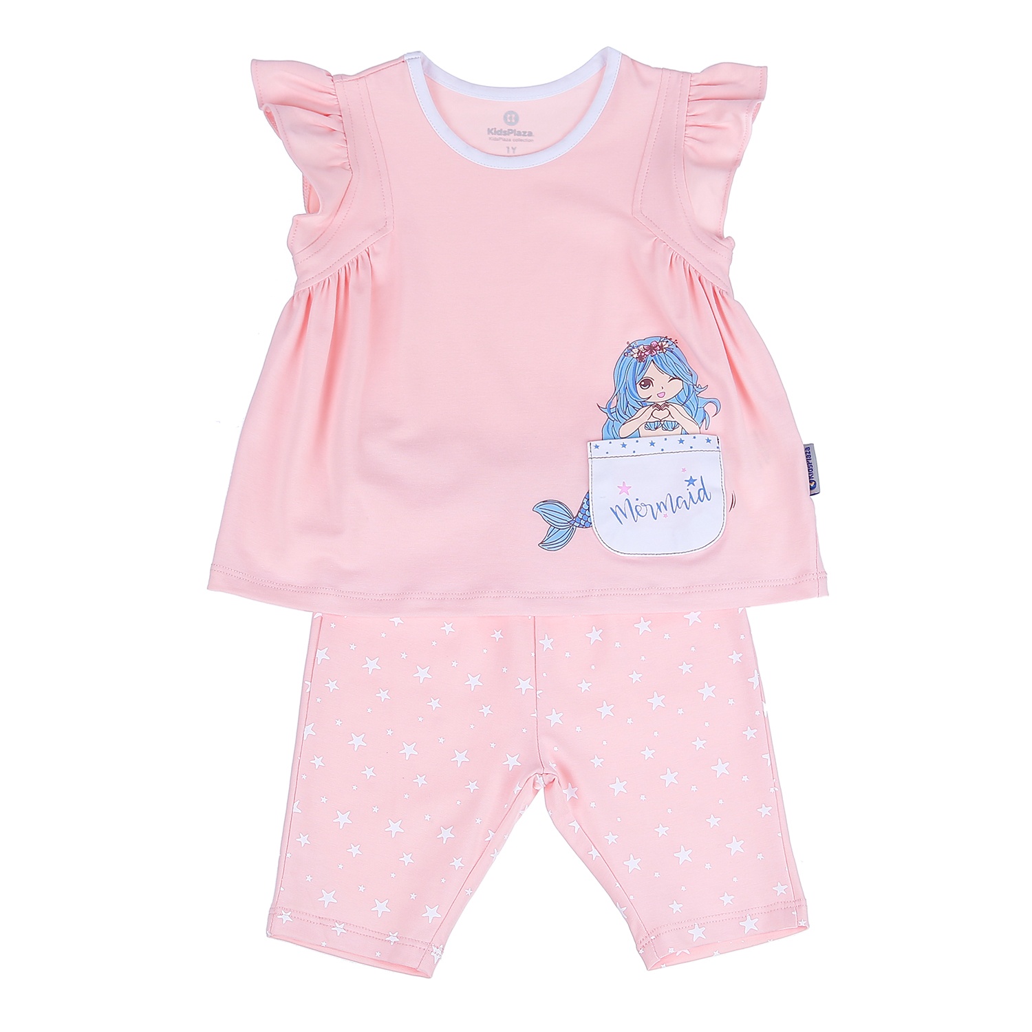 Bộ quần áo cộc tay bé gái có túi in hình Nàng Tiên Cá KidsPlaza BH21H (Cam) hình 1