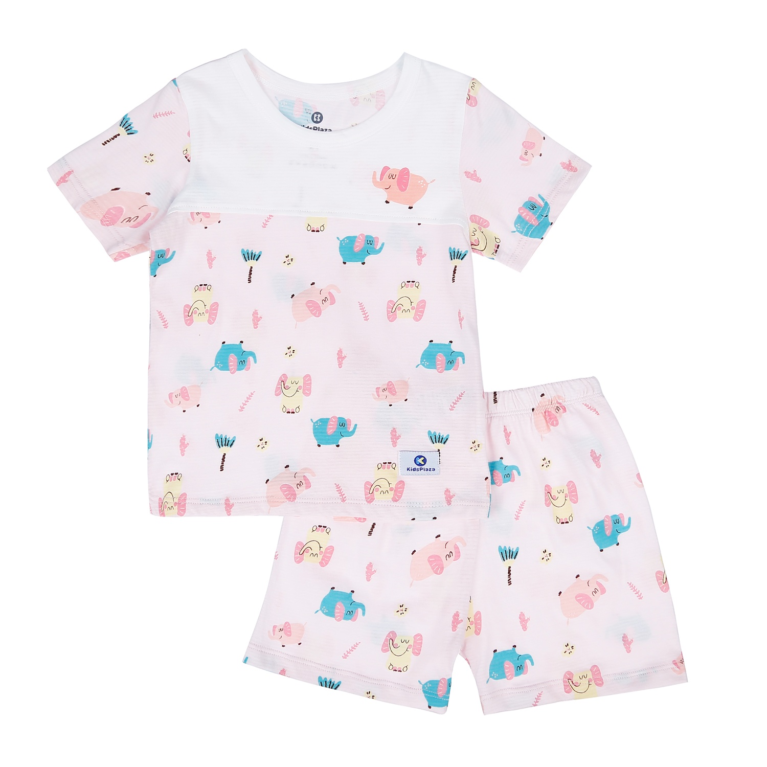 Bộ quần áo cộc tay bé gái Kidsplaza kẻ phối in hình Voi M21H (Hồng) hình 1