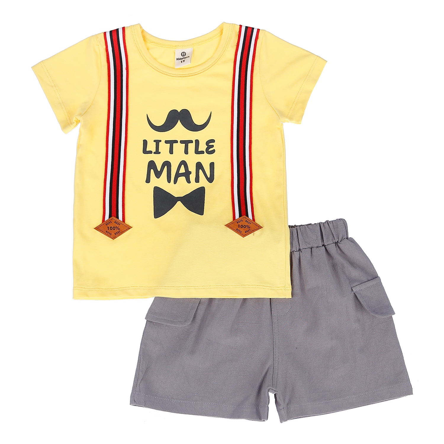 Bộ quần áo hai sọc bé trai in hình râu KidsPlaza M21H (Vàng Xám) hình 1