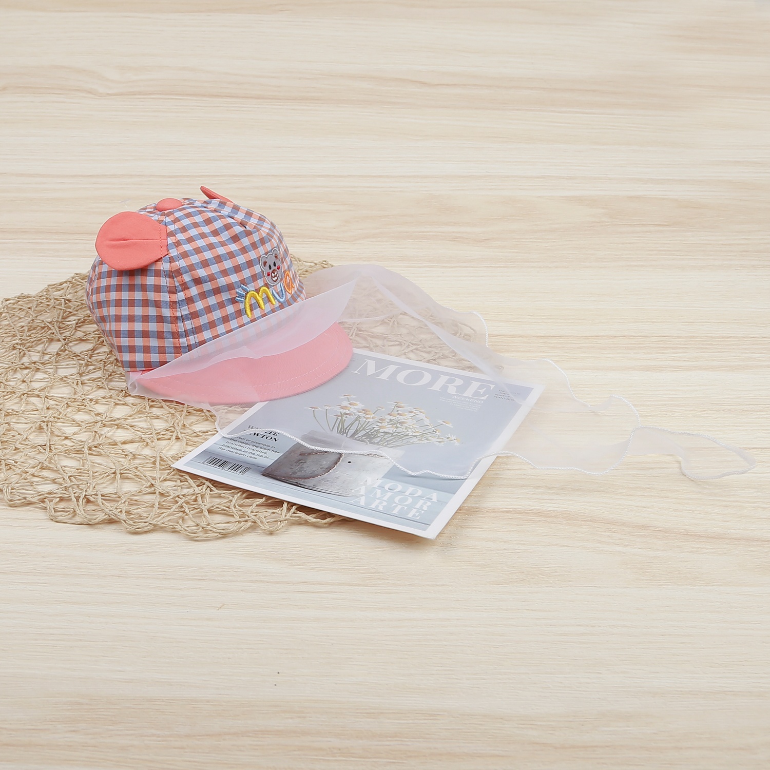 Mũ lưỡi trai phủ voan kẻ tai cam KidsPlaza DN22H hình 1