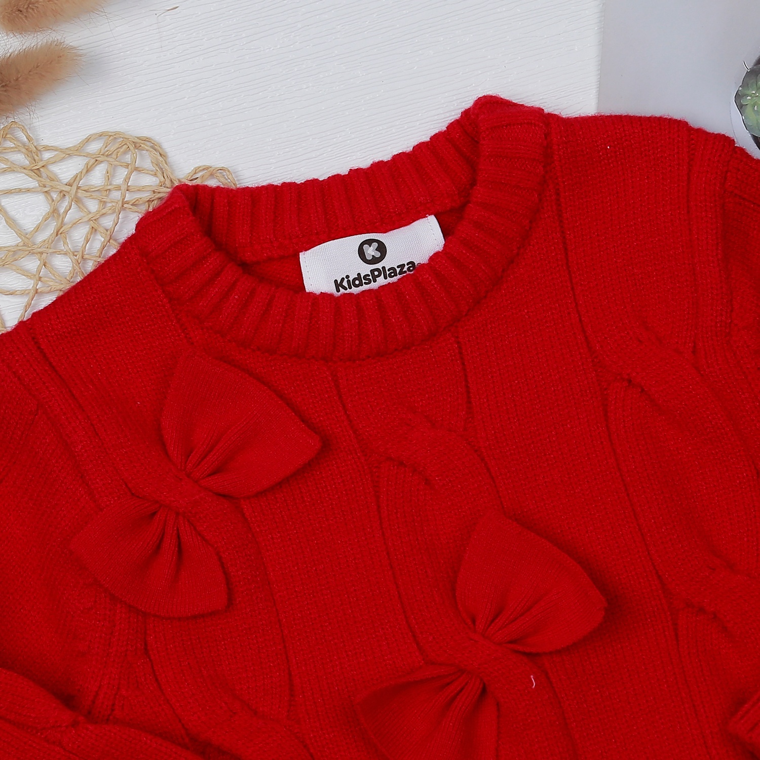Áo len bé gái dài tay KidsPlaza gắn nơ đỏ HN22D  hình 2