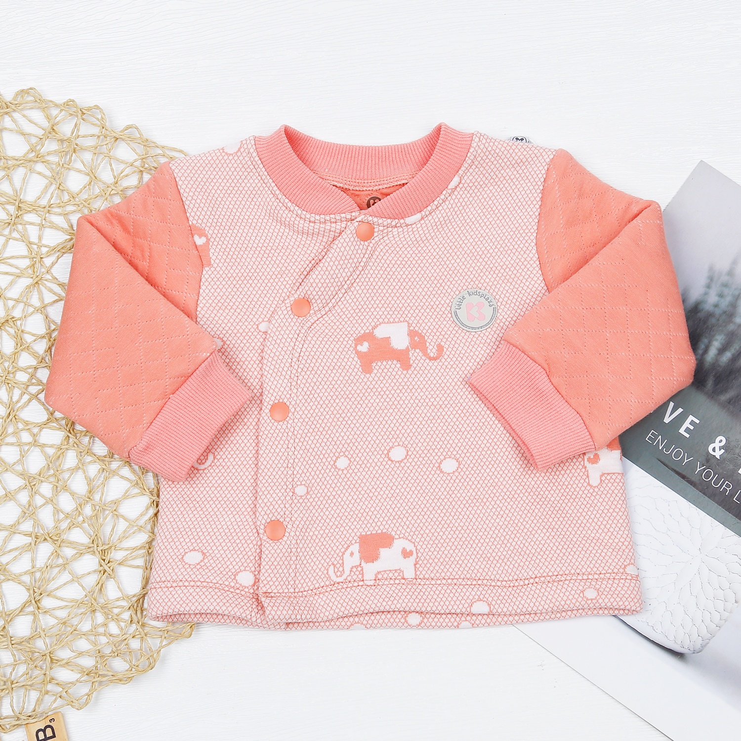 Bộ quần áo bông bé gái cài chéo KidsPlaza in voi hồng HN22D hình 2