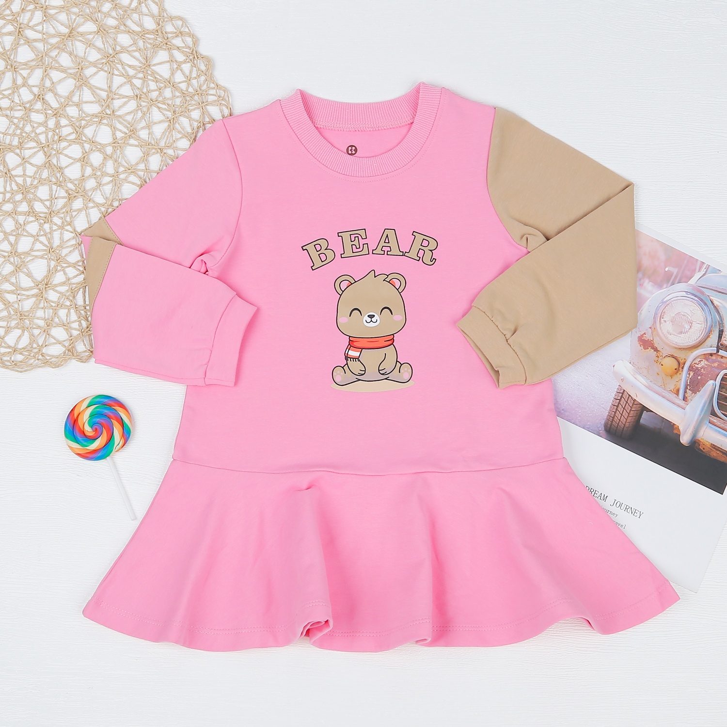 Váy bé gái dài tay phối hồng nâu in gấu Bear HN22D hình 1