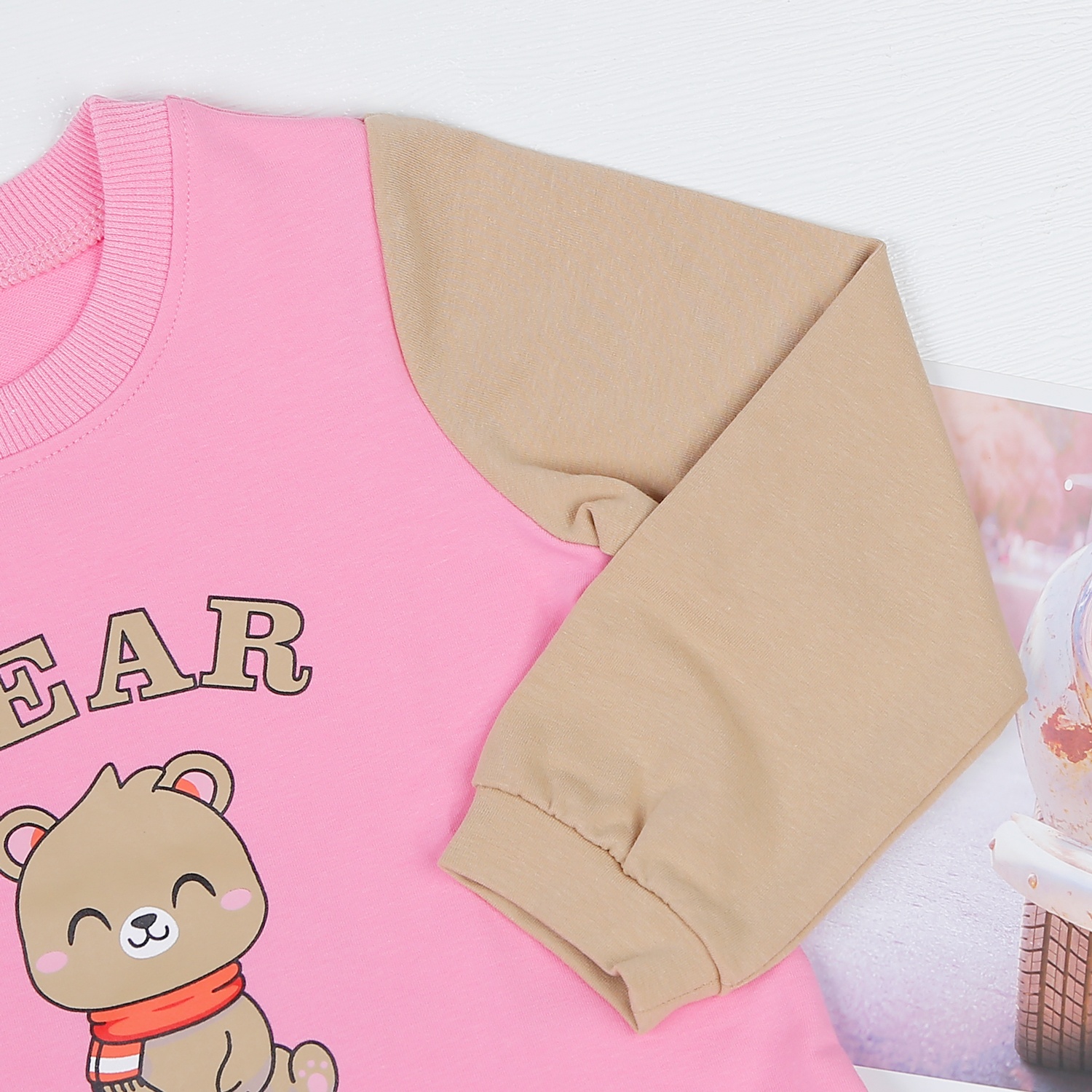 Váy bé gái dài tay phối hồng nâu in gấu Bear HN22D hình 3