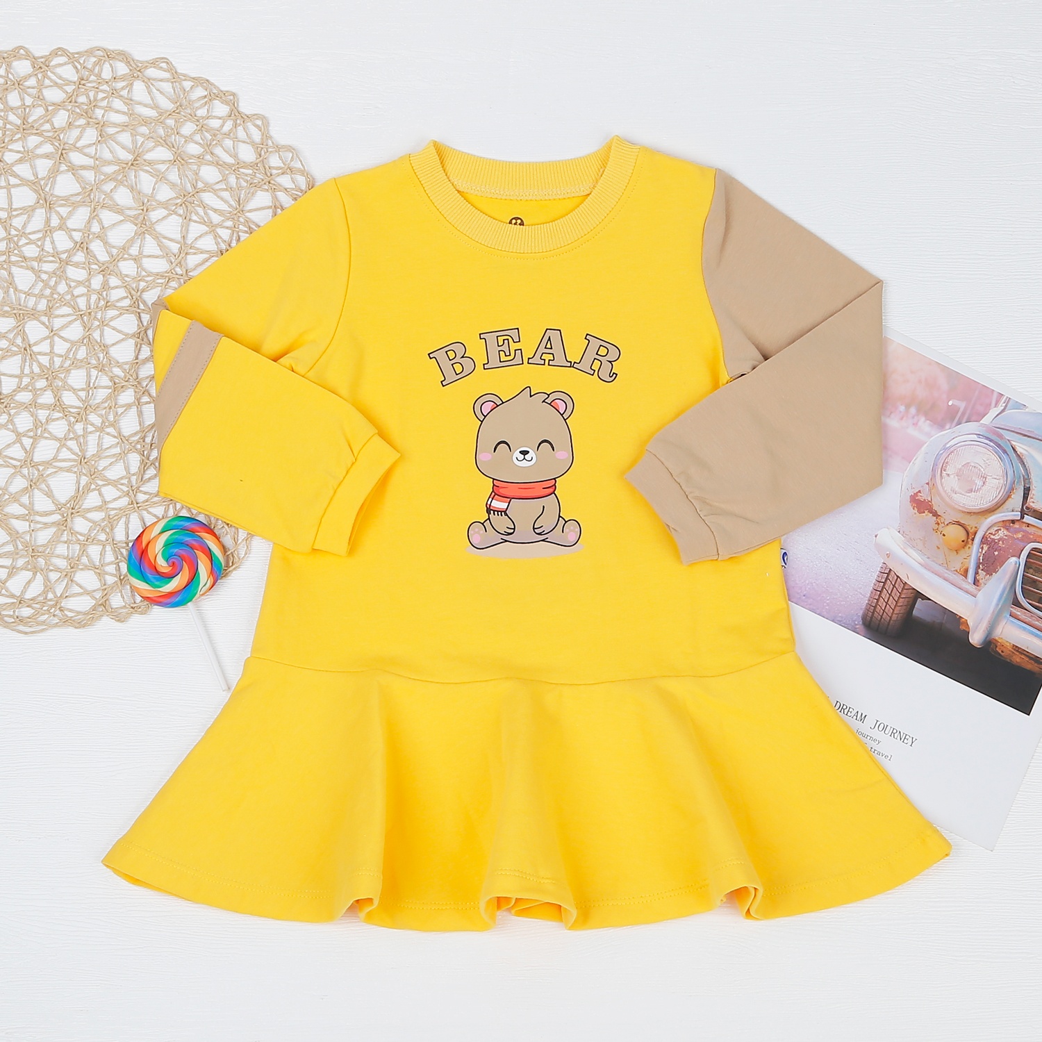 Váy bé gái dài tay phối vàng nâu in gấu Bear HN22D hình 1